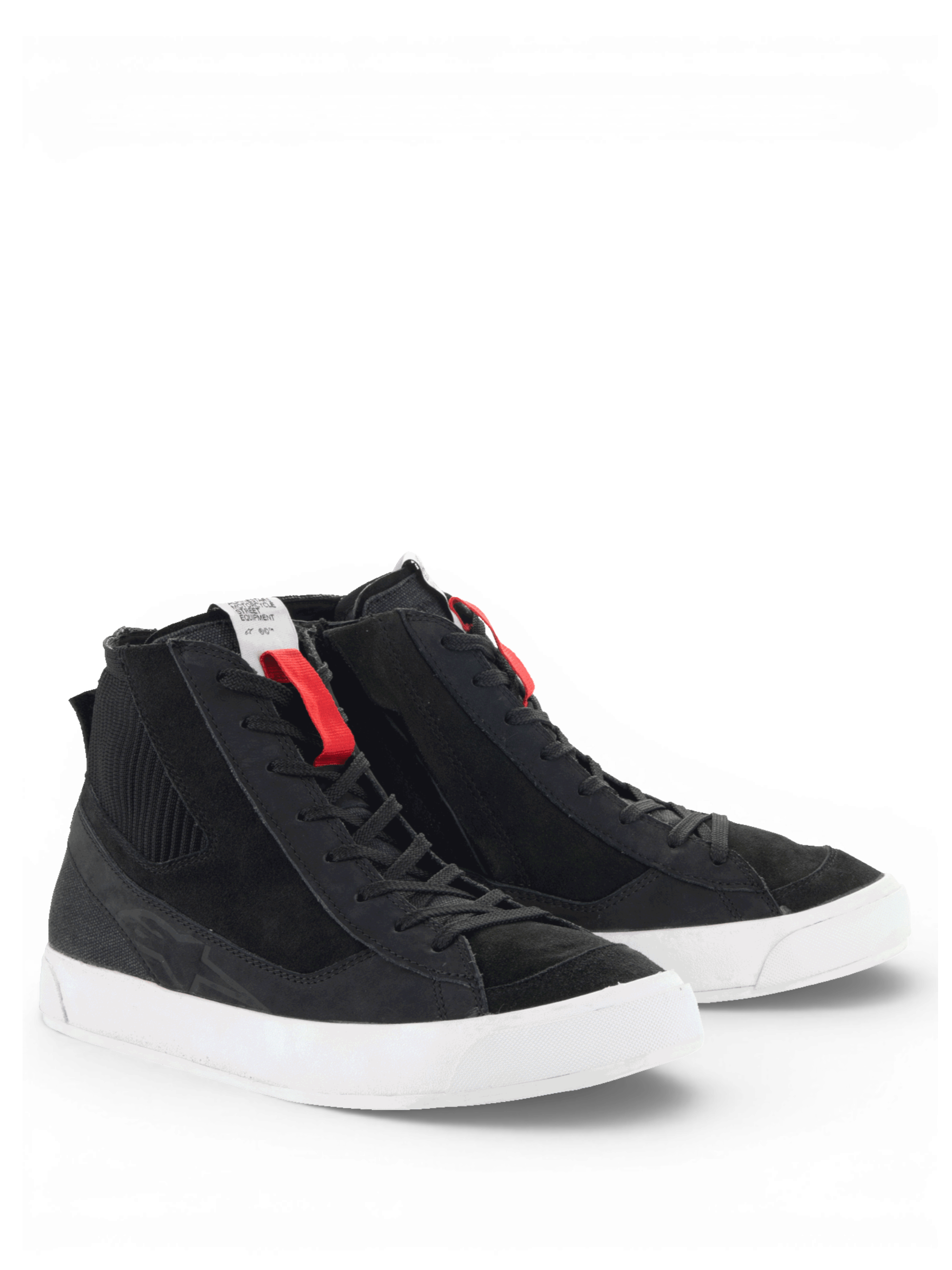 Alpinestars Stated Schuhe, urbane Motorrad-Sneaker im Retro-Skate-Stil, Schwarz und Weiß, aus Nubuk und Wildleder.