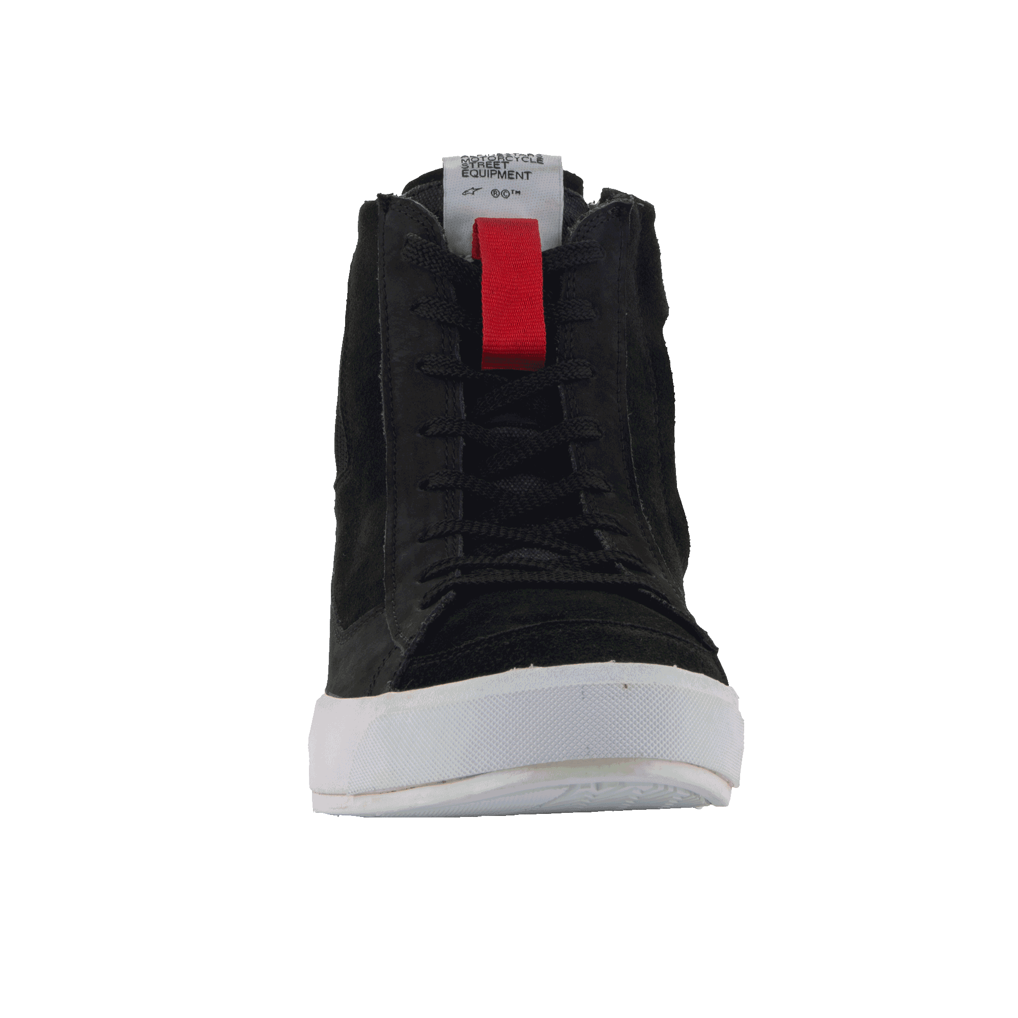 Alpinestars Stated Shoes, Black Motorcycle Riding Shoes, front view featuring black laces and a white vulcanized sole, red pull tab on the tongue with white branding label, urban streetwear design
