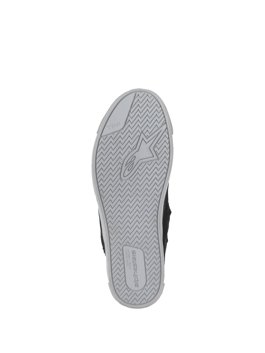 Alpinestars Stated Schuhe, Ansicht der Außensohle, hellgraue vulkanisierte Gummisohle mit TPF-Unterstützung für urbanes Motorradfahren.