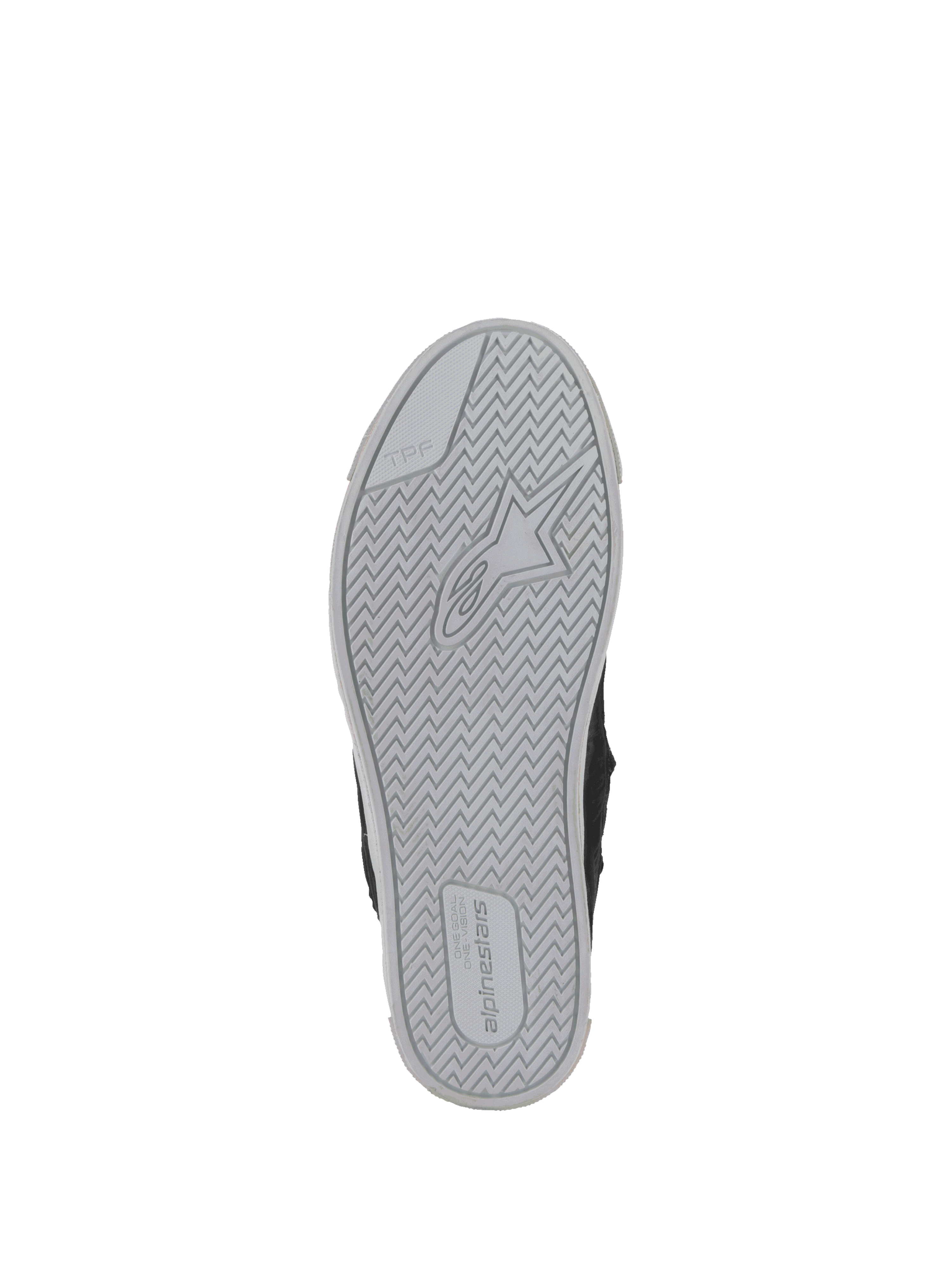 Alpinestars Stated Schuhe, Ansicht der Außensohle, hellgraue vulkanisierte Gummisohle mit TPF-Unterstützung für urbanes Motorradfahren.
