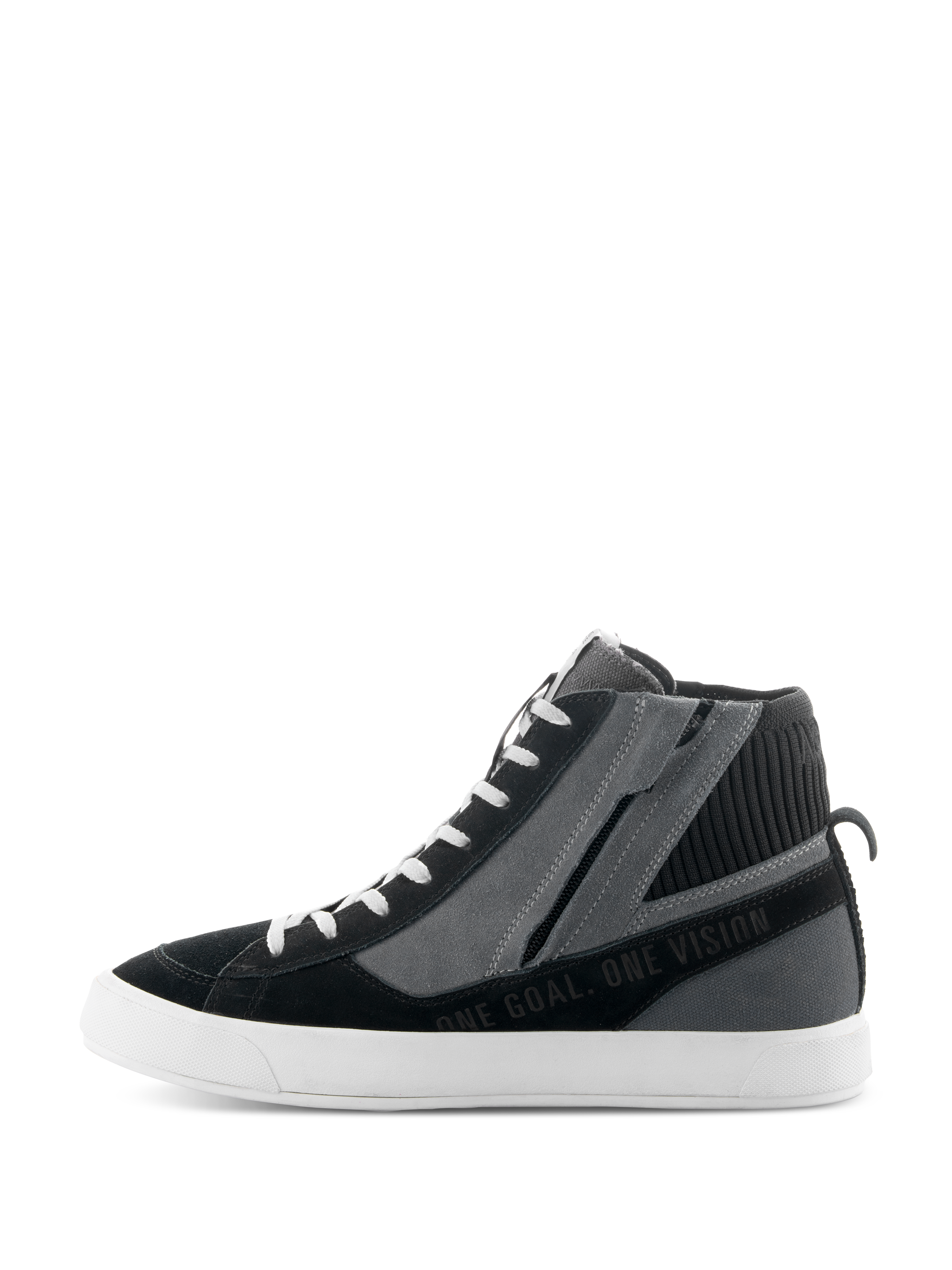 Alpinestars Stated Shoes, Black Gray and White urban motorcycle shoes, side profile featuring high-top sneaker design, lateral zipper, white vulcanized sole, and "ONE GOAL. ONE VISION" text.