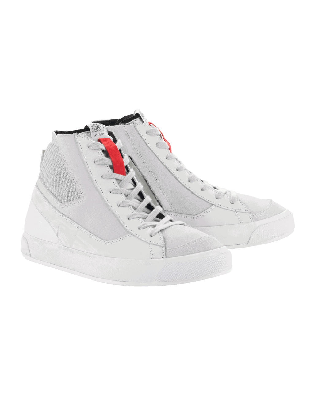 Alpinestars Stated schoenen, motorschoenen, White Cool Gray, hoge sneakers in retrostijl met gevulkaniseerde rubberen zolen, rode veterlus-accenten en een duurzame constructie van nubuck en canvas.