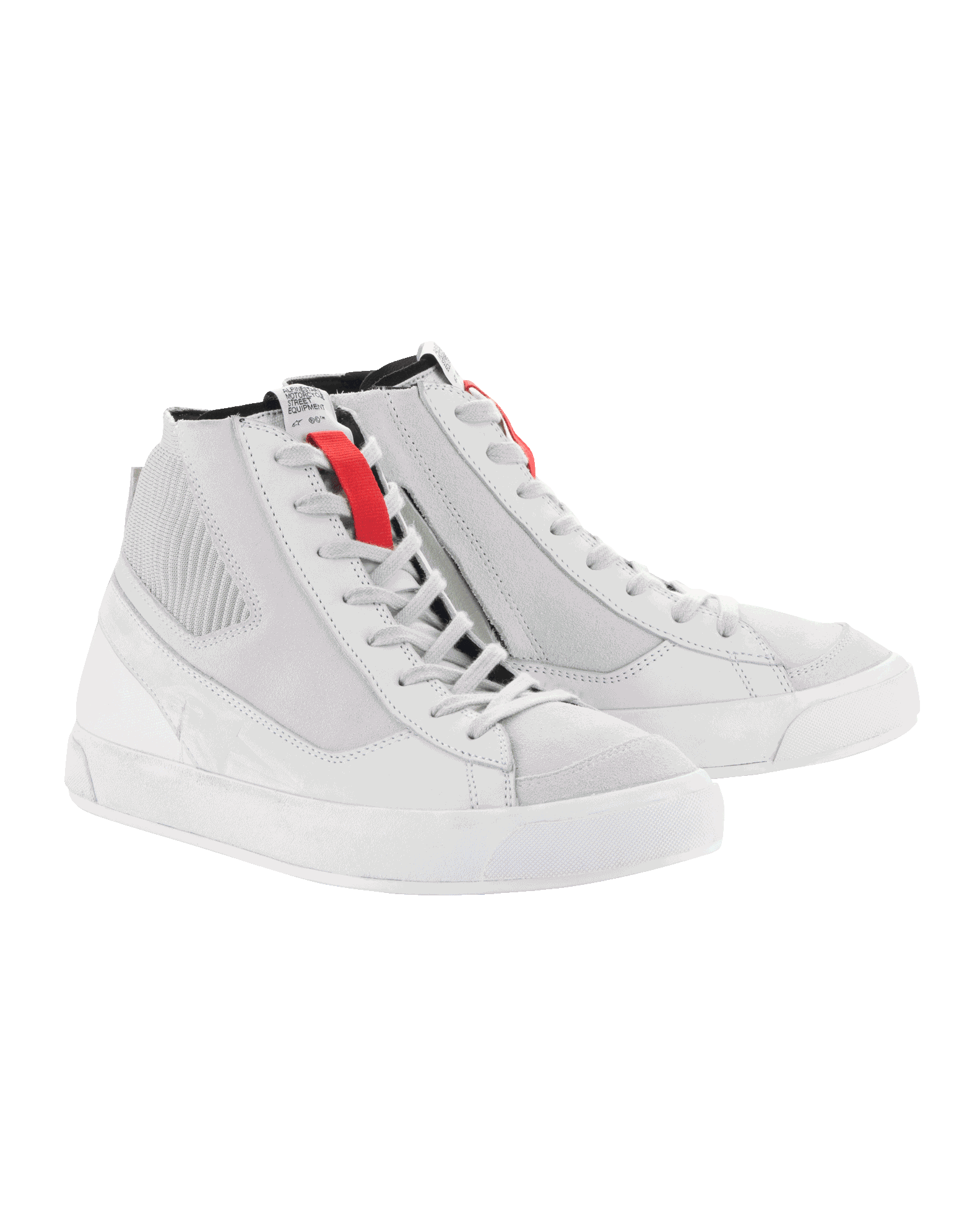 Alpinestars Stated schoenen, motorschoenen, White Cool Gray, hoge sneakers in retrostijl met gevulkaniseerde rubberen zolen, rode veterlus-accenten en een duurzame constructie van nubuck en canvas.