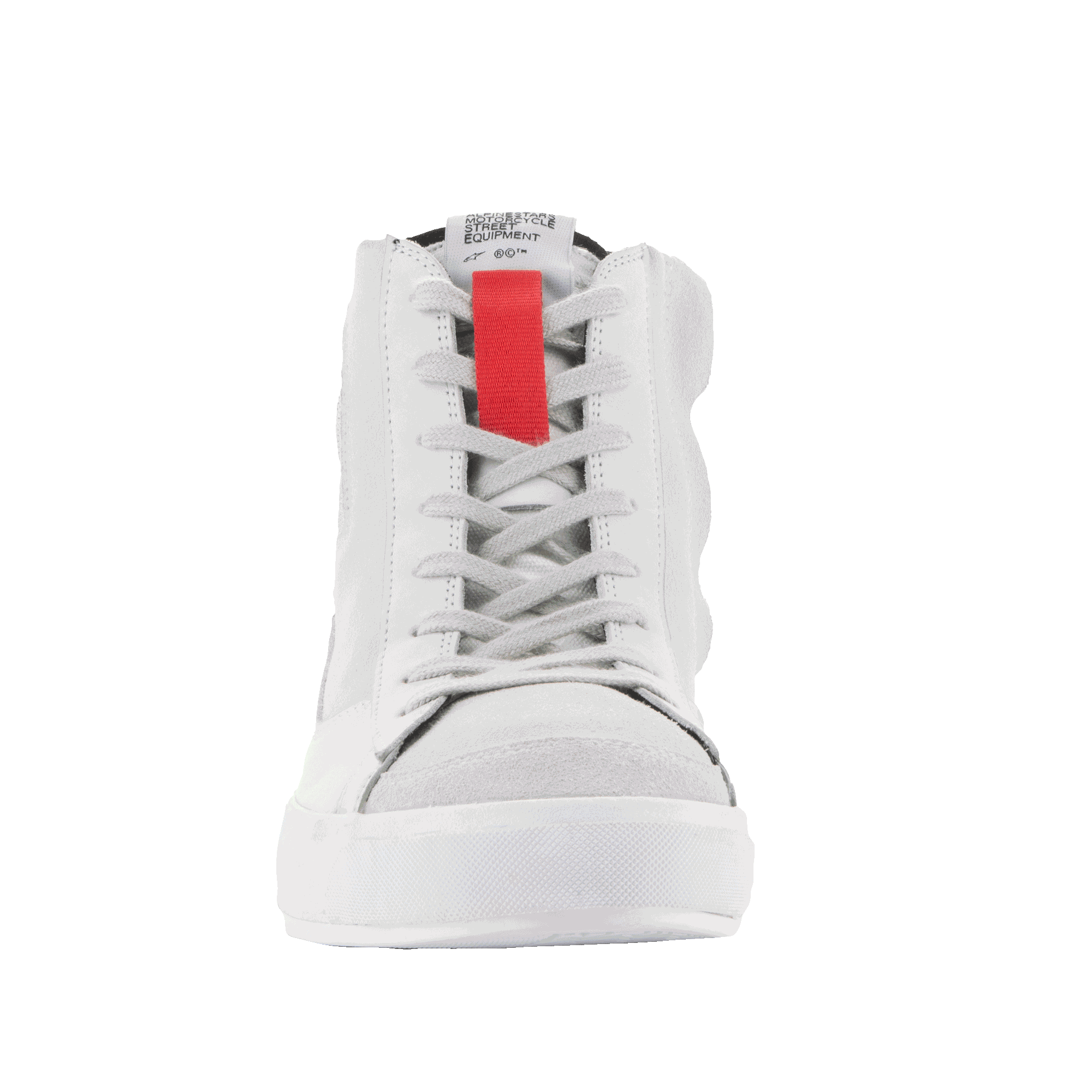 Alpinestars Stated Schoenen, urban motorschoenen, White Cool Gray, vooraanzicht van een hoge sneaker, met een opvallend rood accent op de tong, grijze veters en een witte gevulkaniseerde zool, minimalistisch skate-geïnspireerd ontwerp