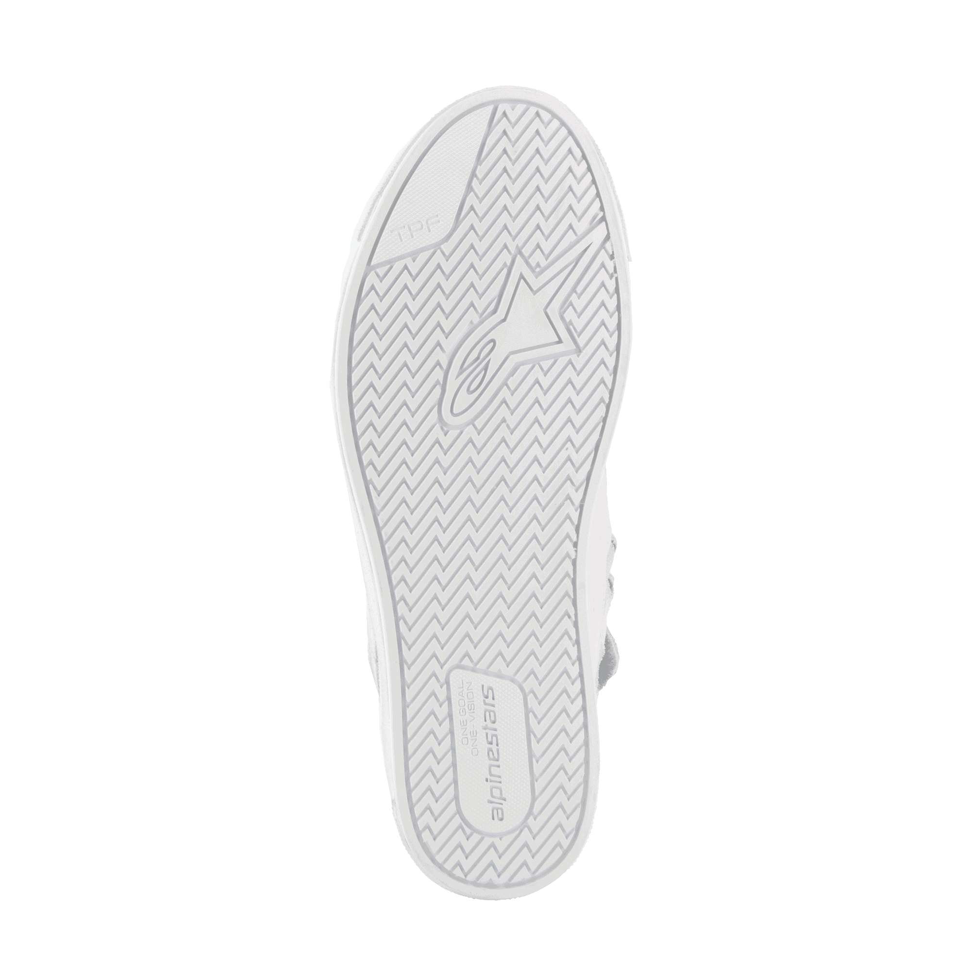 Alpinestars Stated schoenen, urban motorschoenen, White Cool Gray, onderaanzicht van de gevulkaniseerde rubberen zool, met een visgraat tractiepatroon, Alpinestars-branding en TPF-logo (Transversal Protection Frame) voor grip en veiligheid
