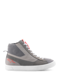 Alpinestars Stated Shoes, High-top motorcycle riding shoes, Light Gray and Red Fluo, featuring a ribbed knitted ankle collar, white vulcanized sole, red star logo on the heel, and split suede toebox, modern urban streetwear design
