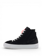 Alpinestars Stella Stated Podium Schuhe, urbane Motorradschuhe für Damen, Schwarz und Weiß, aus Leder und Canvas, weiße vulkanisierte Gummisohle, Skate-Stil mit One Goal One Vision Schriftzug.