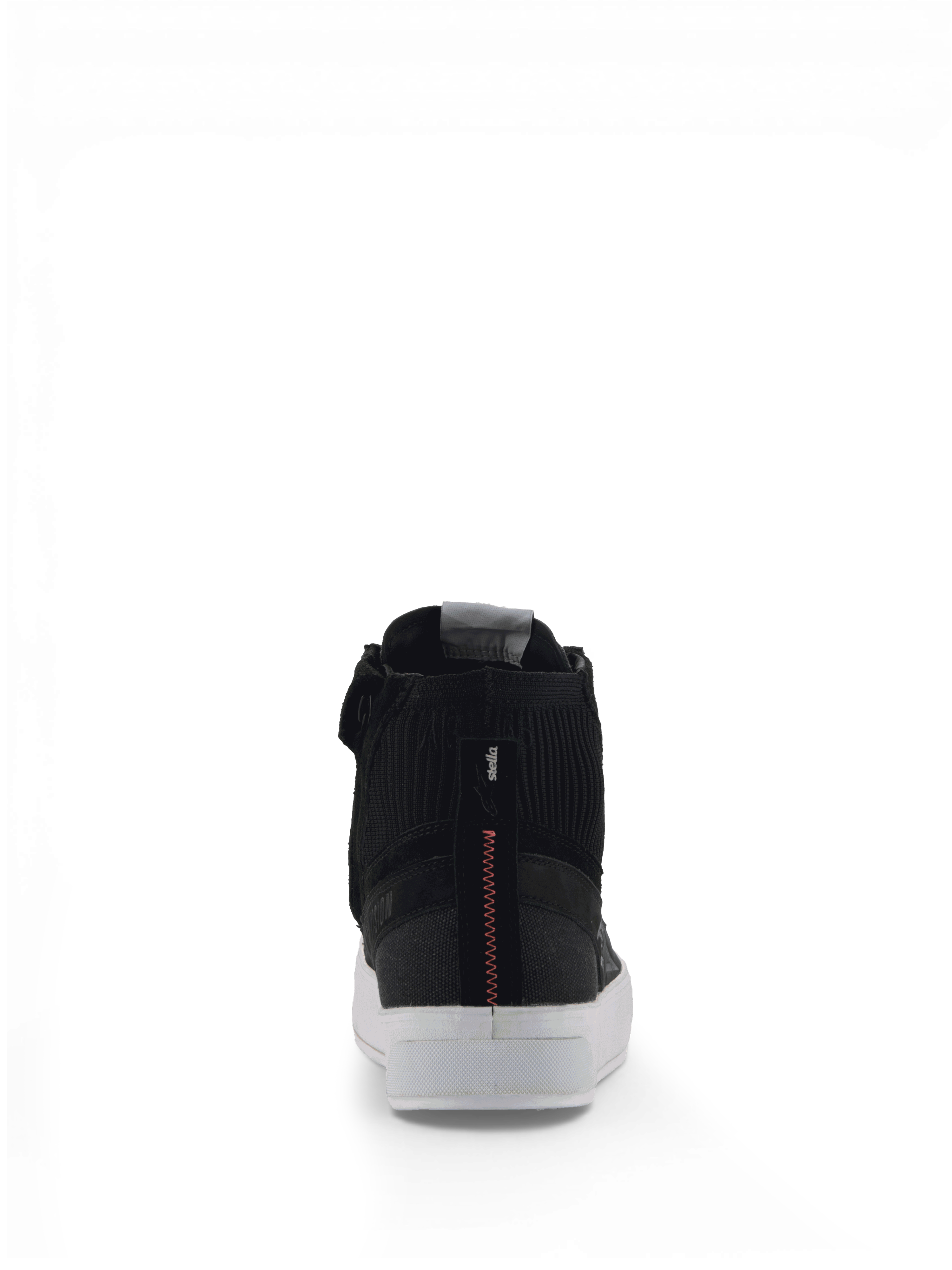 Alpinestars Stella Stated Podium Schuhe, urbane Damen-Motorradschuhe, Schwarz und Weiß mit roter Fersennaht, vulkanisierte Sohle.