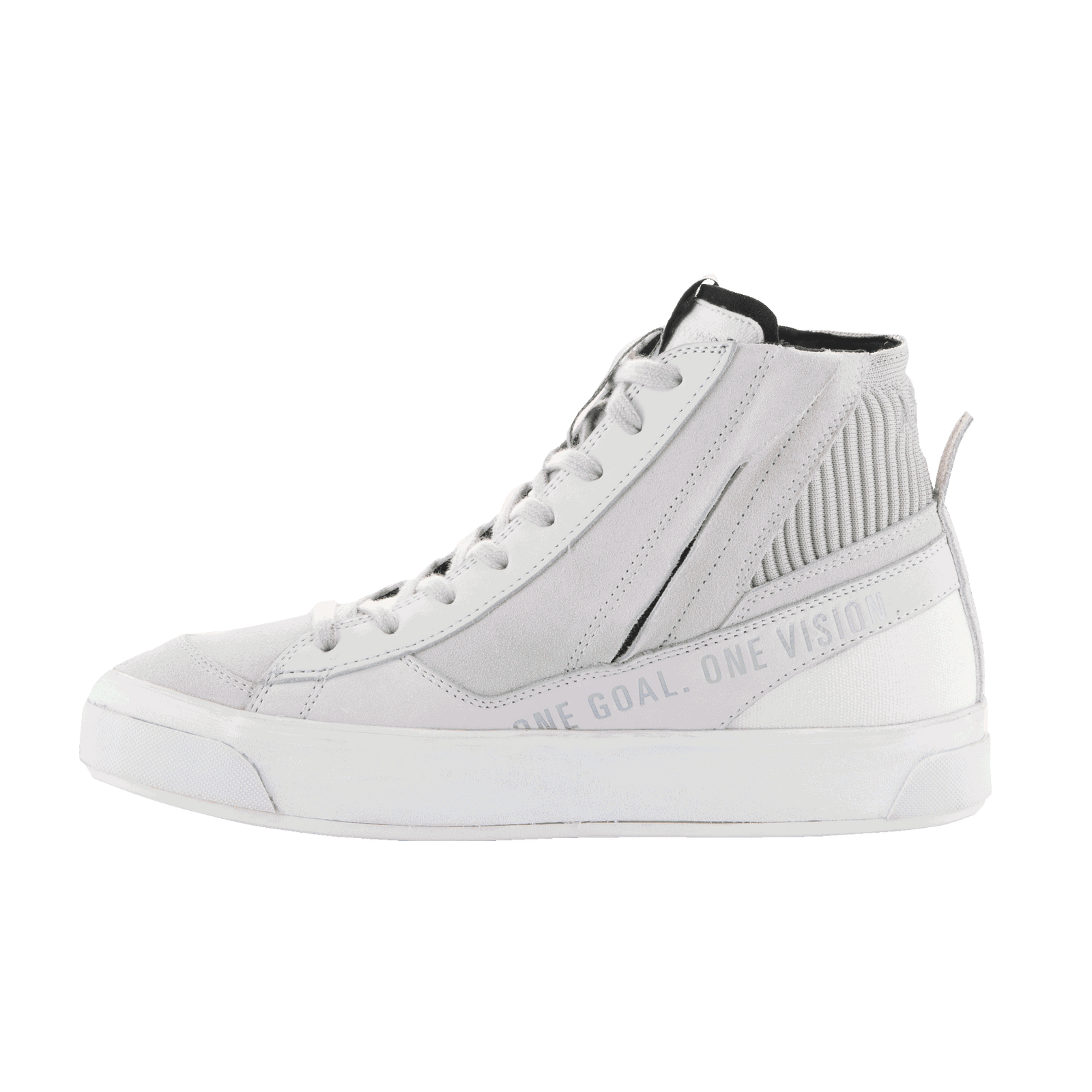 The Stella Stated Podium Shoes by Alpinestars EU are white high-top sneakers crafted for an urban riding environment. They feature lace-up fronts, textured sides, and slightly raised rubber soles. Designed for a women’s fit, these shoes have a subtle logo on the outer surface and appear brand new against a plain black background.