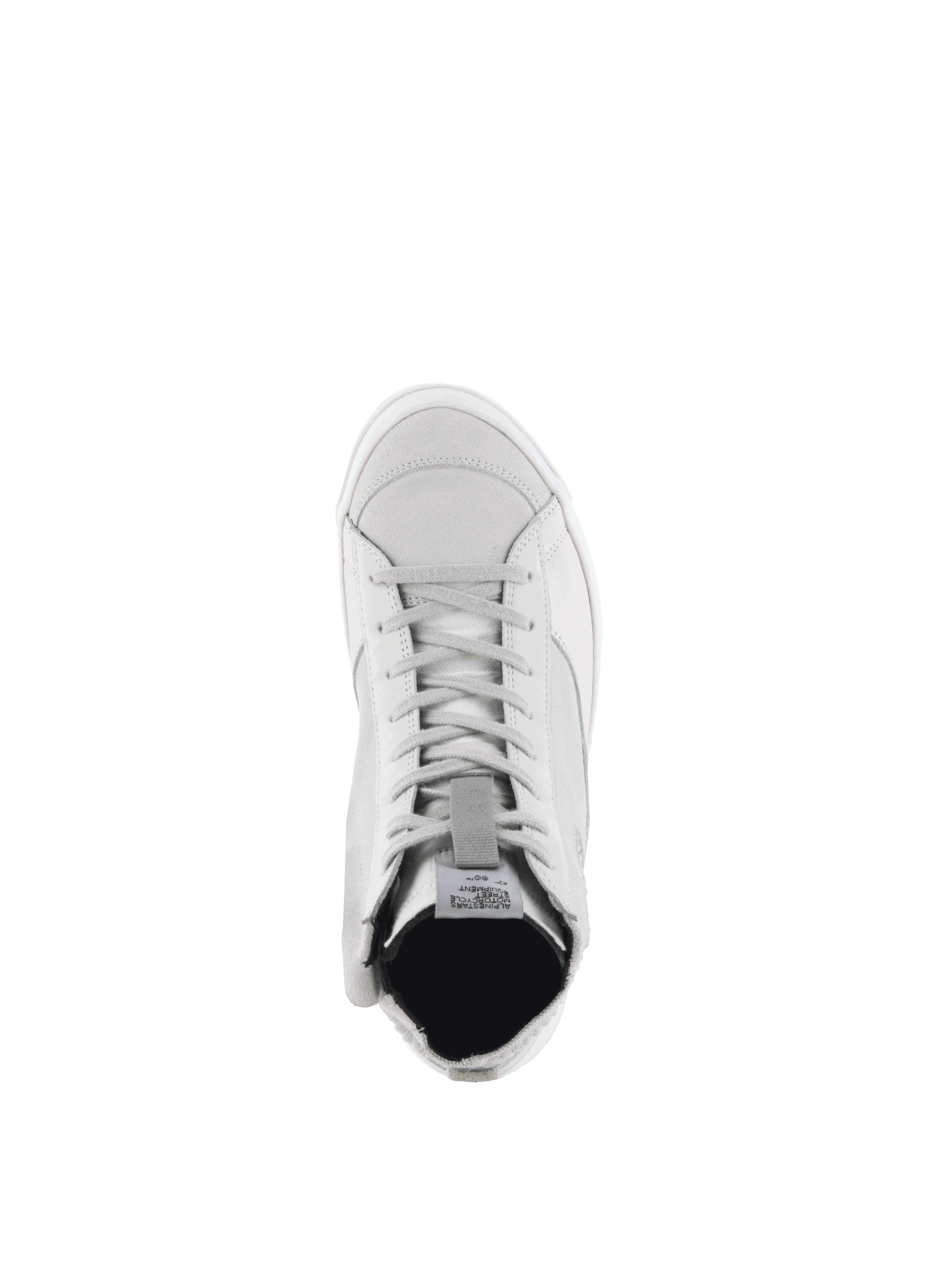 Alpinestars Stella Stated Podium schoenen, witte en koel grijze stedelijke dames-motorlaarzen, bovenaanzicht.