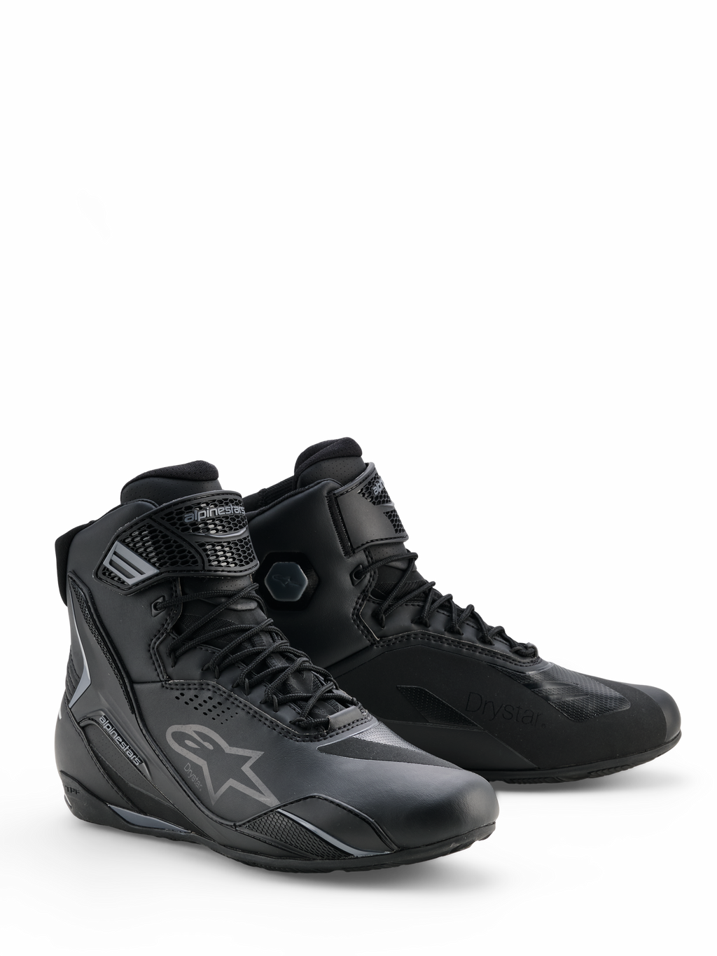 Alpinestars Faster-4 Drystar® Shoes, Black Cool Gray motorcycle riding shoes, high-top design with lace closure and adjustable ankle strap, featuring the iconic star logo and Drystar branding, durable and waterproof sports footwear