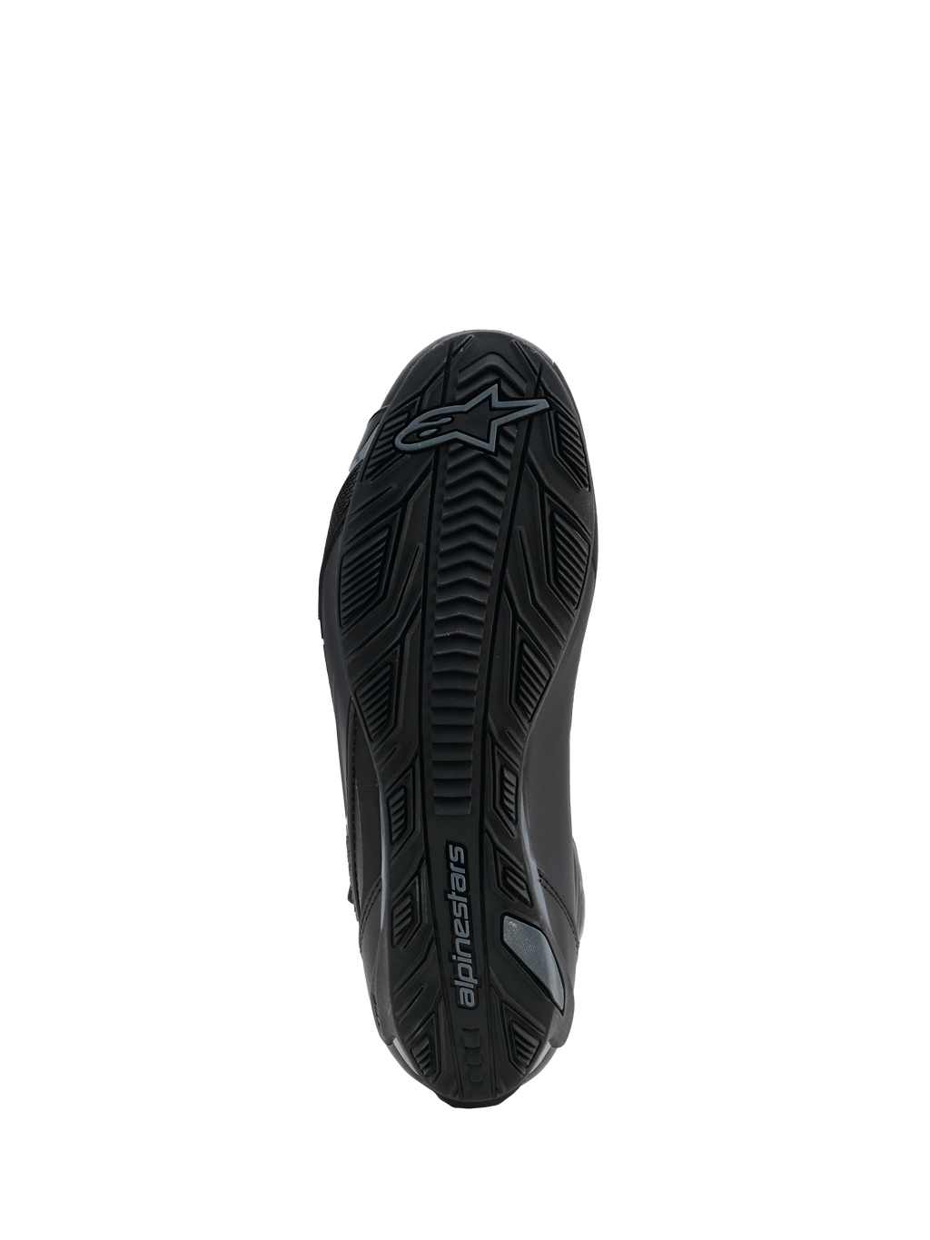 Alpinestars Faster-4 Drystar® Shoes, Black Cool Gray, underside view showing the textured rubber sole with grip pattern and Alpinestars logo, reinforced design for stability and traction.