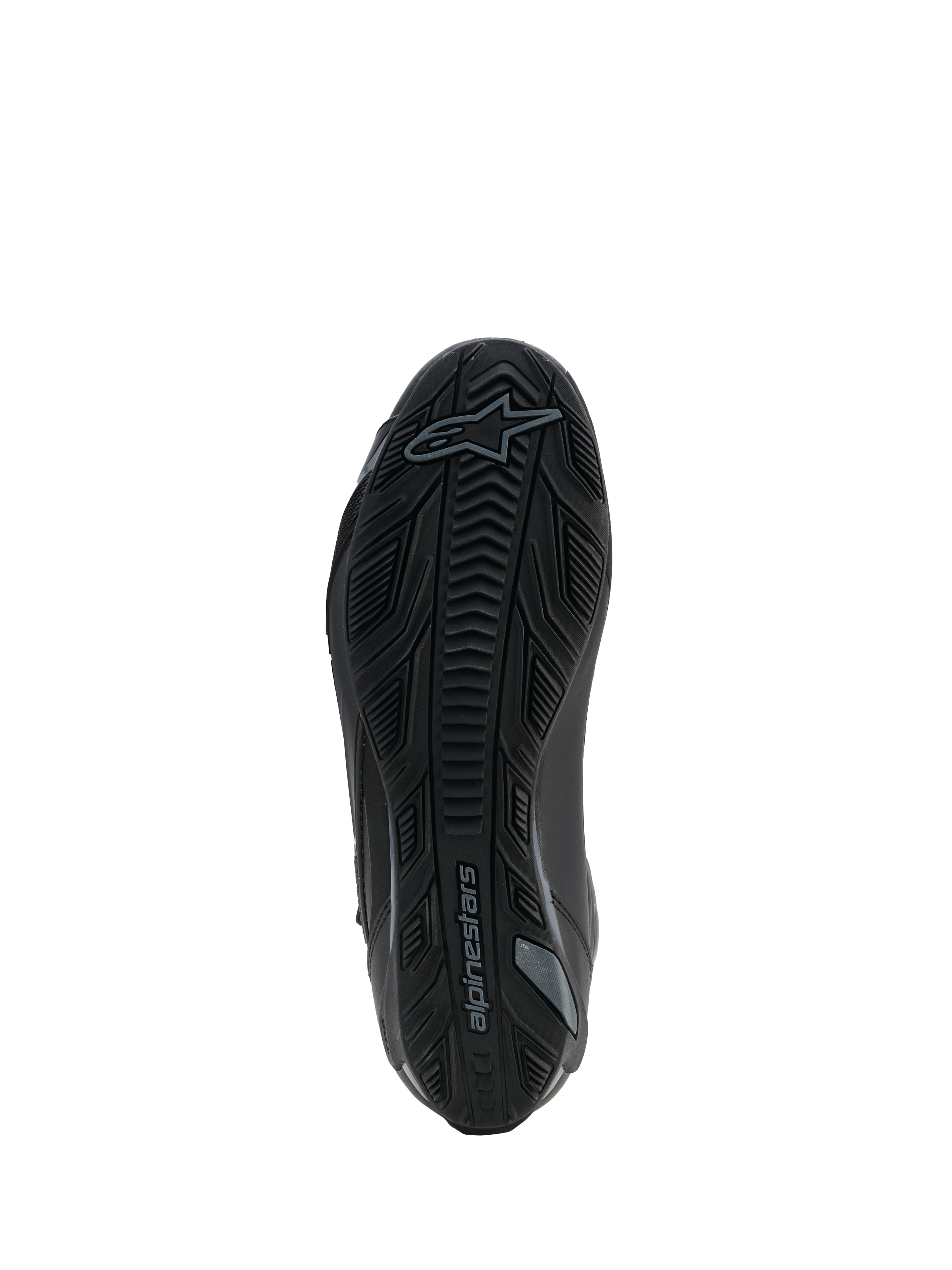 Alpinestars Faster-4 Drystar® Shoes, Black Cool Gray, underside view showing the textured rubber sole with grip pattern and Alpinestars logo, reinforced design for stability and traction.