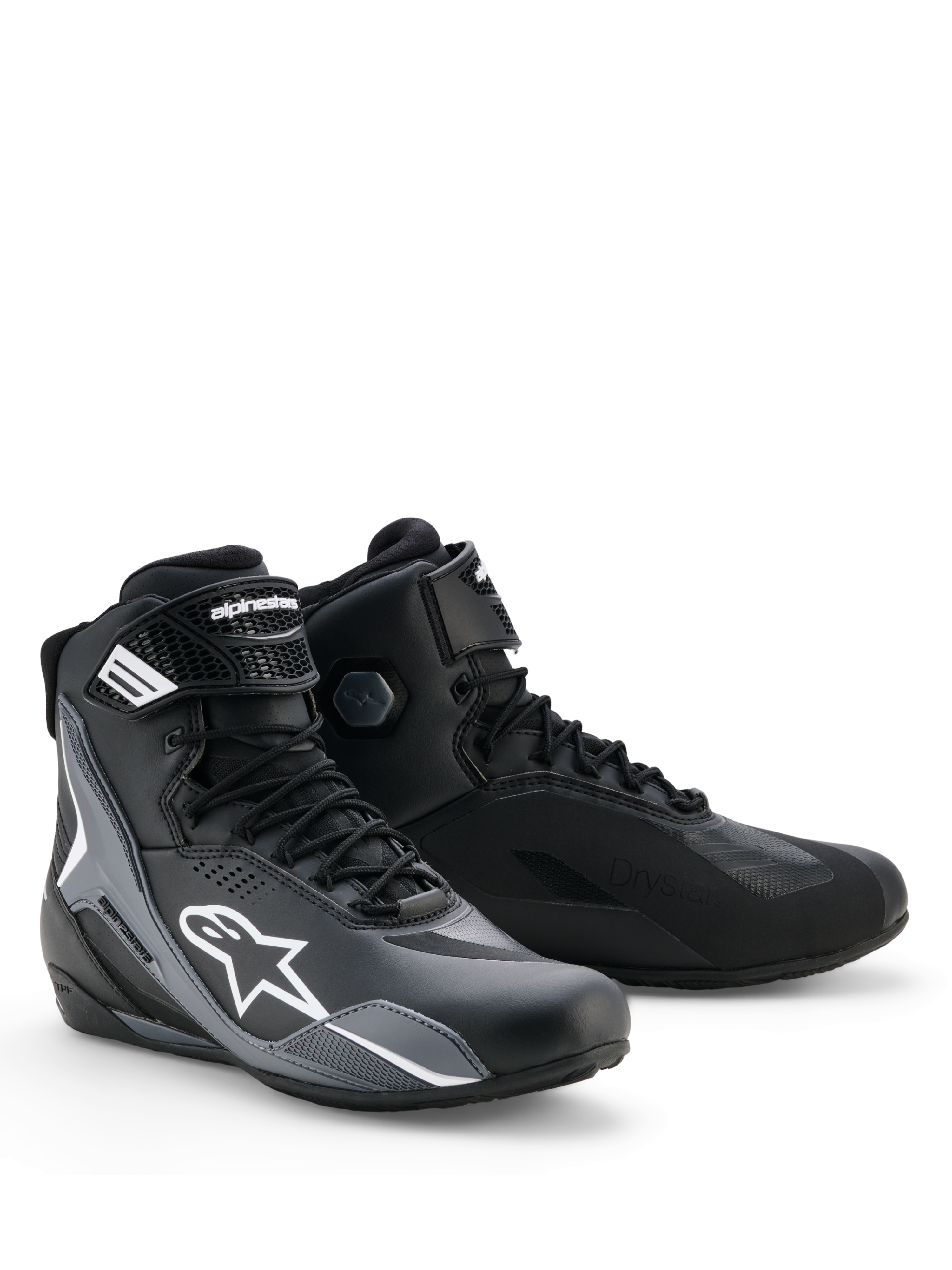 Alpinestars Faster-4 Drystar® Schuhe, Motorradschuhe, Schwarz, Cool Gray und Weiß, schlankes Design mit weißem Astars-Logo, Schnürverschluss mit Klettverschluss-Riemen am Knöchel, wasserdichte Drystar-Technologie und verstärkte Einsätze für Schutz beim sportlichen Fahren