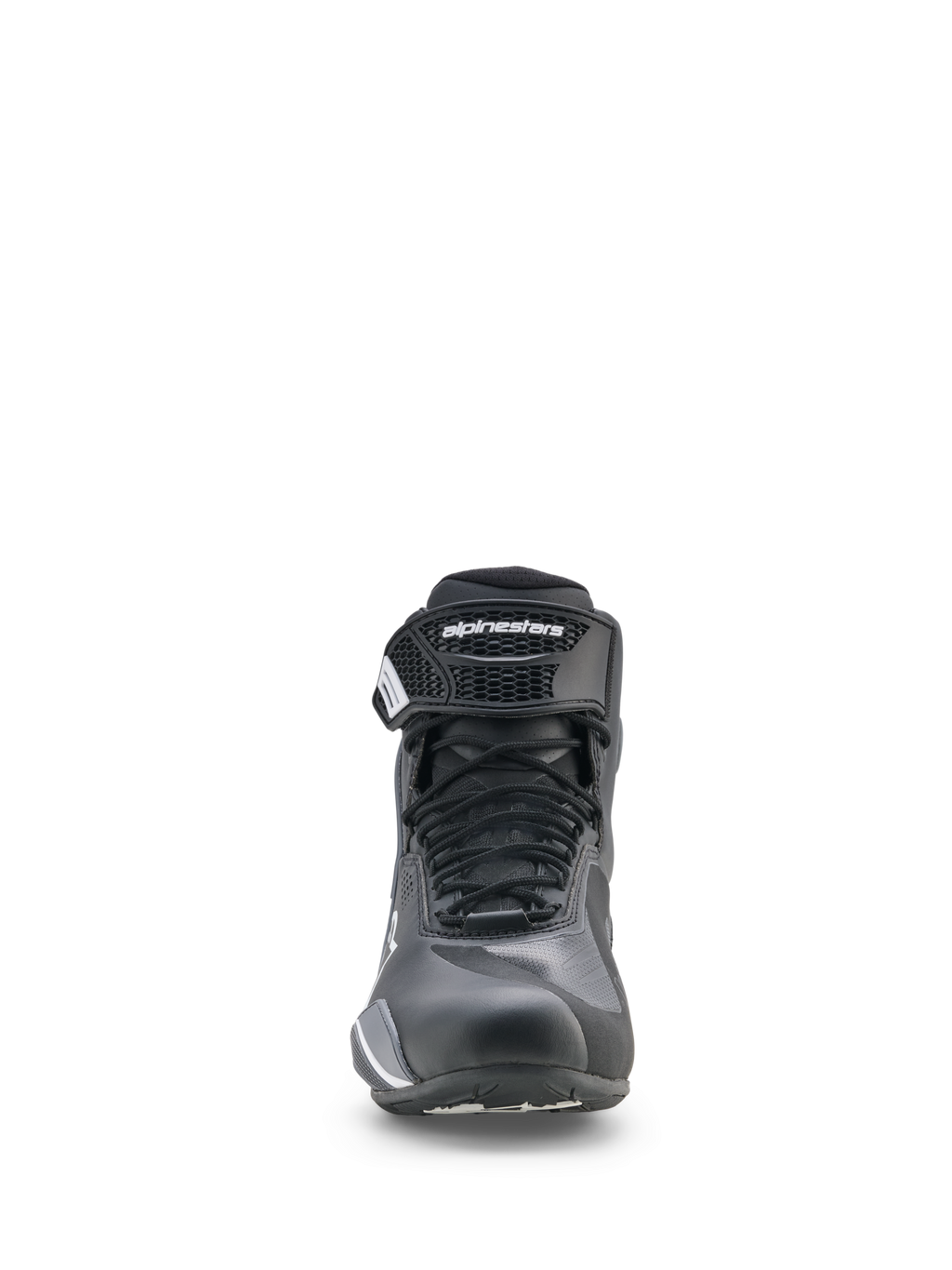 Alpinestars Faster-4 Drystar® Schuhe, Motorrad-Fahrschuhe, Schwarz, Cool Gray und Weiß, Vorderansicht mit Schnürverschluss und Klettverschluss-Knöchelriemen, sportliches, niedrig geschnittenes Profil für Straßenfahrten