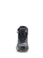 Alpinestars Faster-4 Drystar® Schuhe, Motorrad-Fahrschuhe, Schwarz, Cool Gray und Weiß, Vorderansicht mit Schnürverschluss und Klettverschluss-Knöchelriemen, sportliches, niedrig geschnittenes Profil für Straßenfahrten