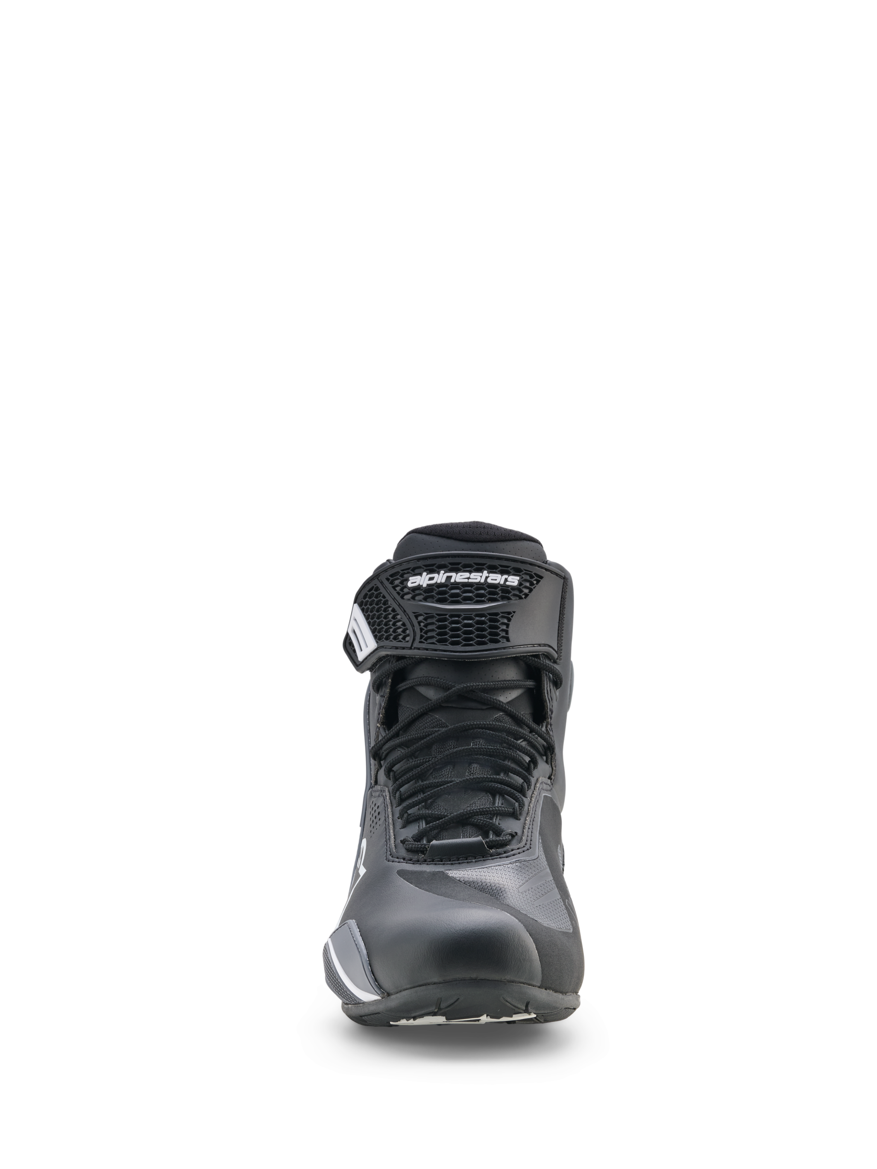Alpinestars Faster-4 Drystar® Schuhe, Motorrad-Fahrschuhe, Schwarz, Cool Gray und Weiß, Vorderansicht mit Schnürverschluss und Klettverschluss-Knöchelriemen, sportliches, niedrig geschnittenes Profil für Straßenfahrten