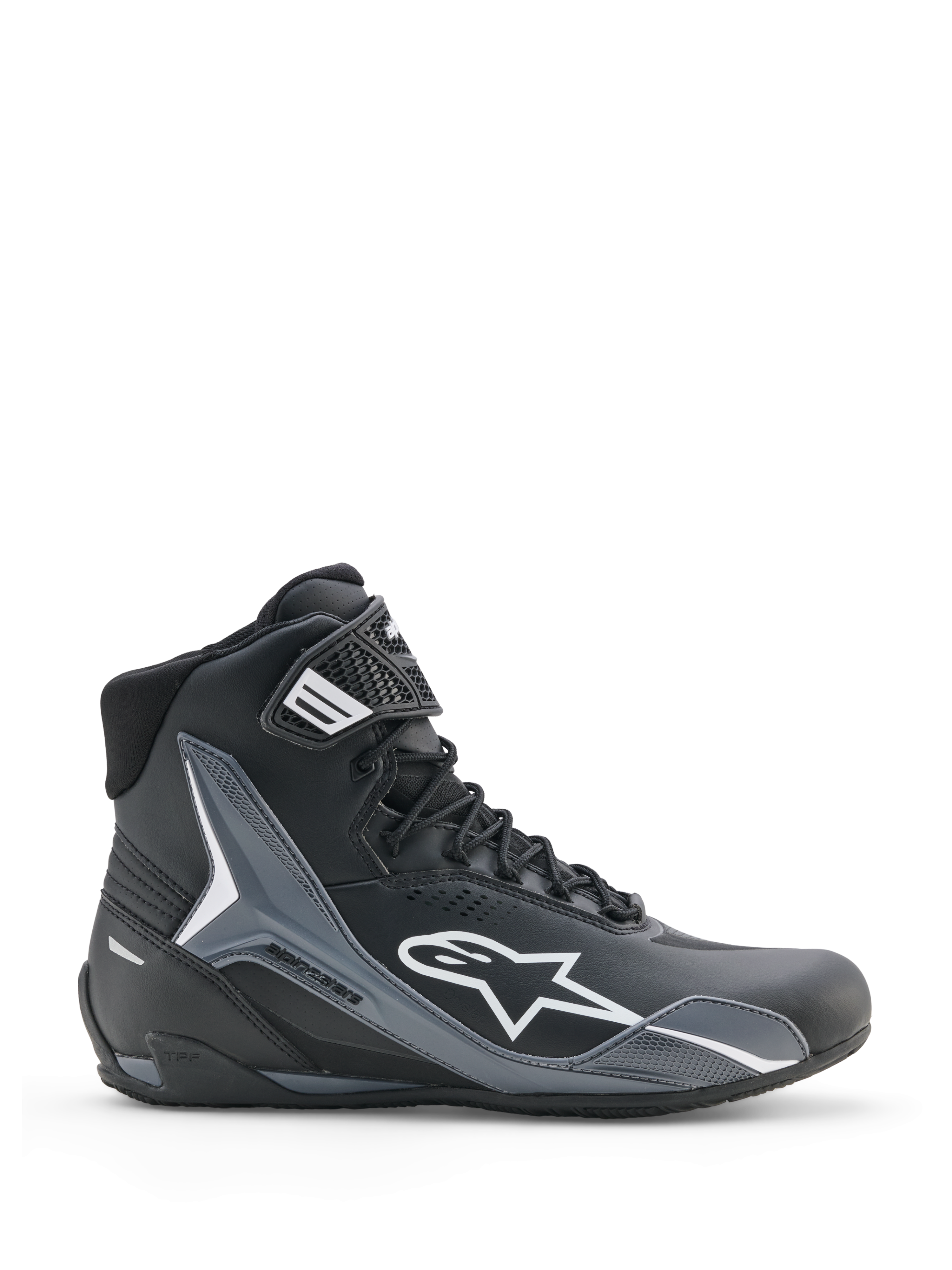 Alpinestars Faster-4 Drystar Schuhe, Motorradschuhe, Schwarz Cool Gray Weiß, Seitenprofilansicht mit weißem Astars-Logo, High-Top-Design mit verstärkten Schutzpaneelen, Schnürverschluss mit Knöchelriemen, moderner sportlicher Stil