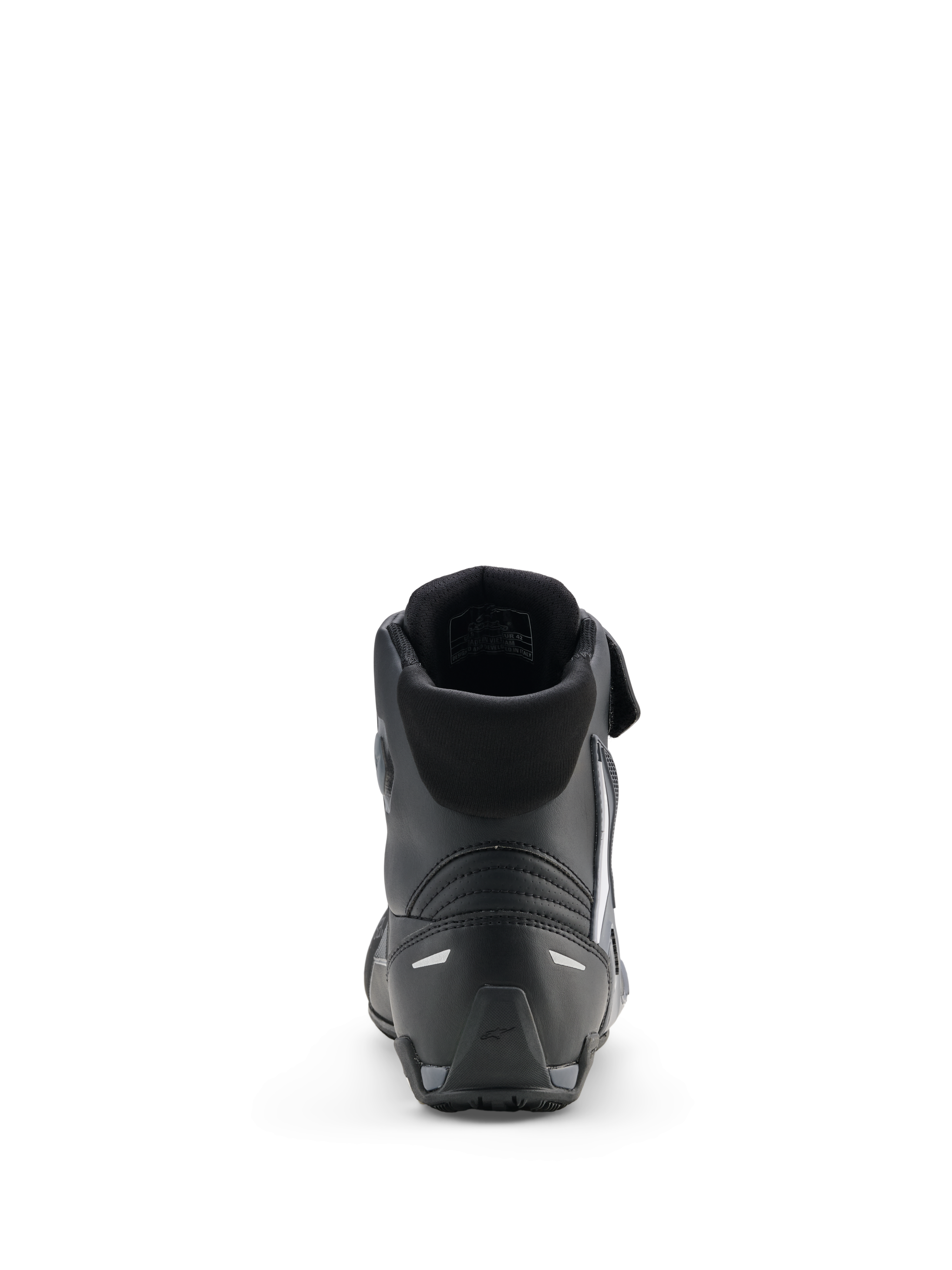 Alpinestars Faster-4 Drystar® Schuhe, Motorradschuhe, Schwarz Cool Gray Weiß, Rückansicht mit gepolstertem Kragen, verstärkter Ferse mit reflektierenden Akzenten und strukturierter Gummisohle für sportliche Leistung.