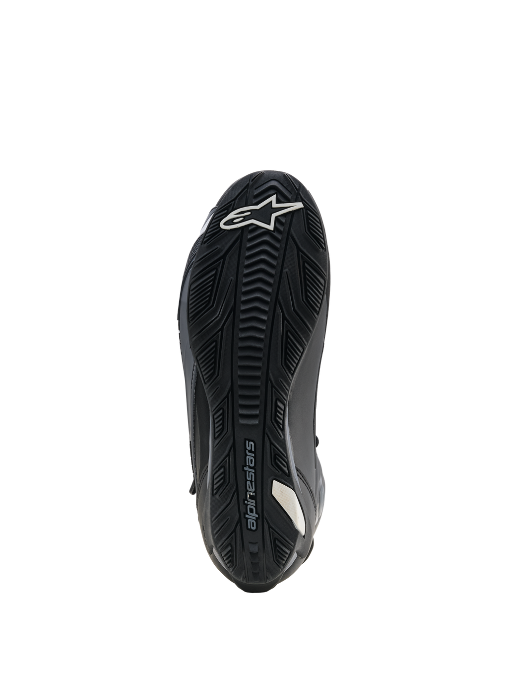 Alpinestars Faster-4 Drystar Schuhe, Motorradschuhe, Schwarz, Sohlenansicht mit verstärkter Gummiaußensohle und strukturiertem Grip, weißes Stern-Logo im Zehenbereich und Alpinestars-Branding, entwickelt für Stabilität und Grip auf den Fußrasten.