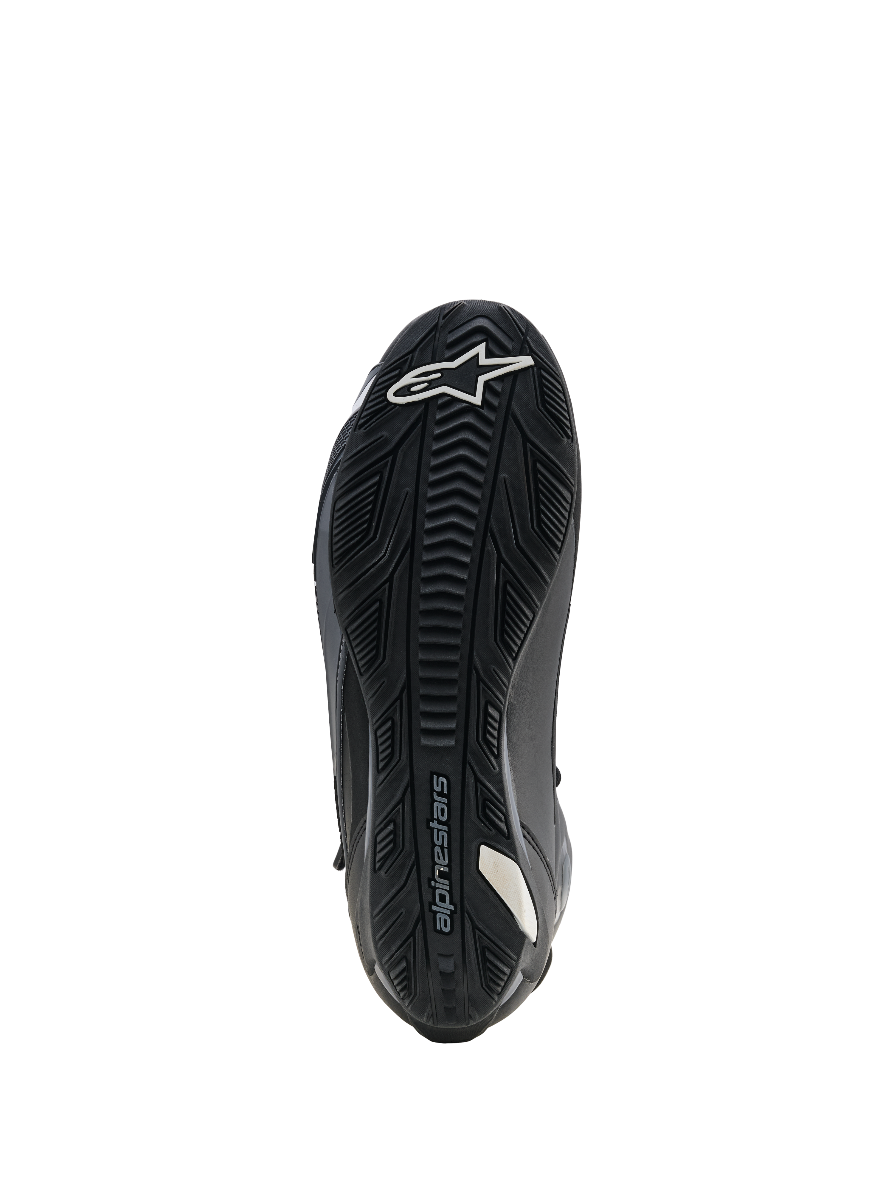 Alpinestars Faster-4 Drystar Schuhe, Motorradschuhe, Schwarz, Sohlenansicht mit verstärkter Gummiaußensohle und strukturiertem Grip, weißes Stern-Logo im Zehenbereich und Alpinestars-Branding, entwickelt für Stabilität und Grip auf den Fußrasten.