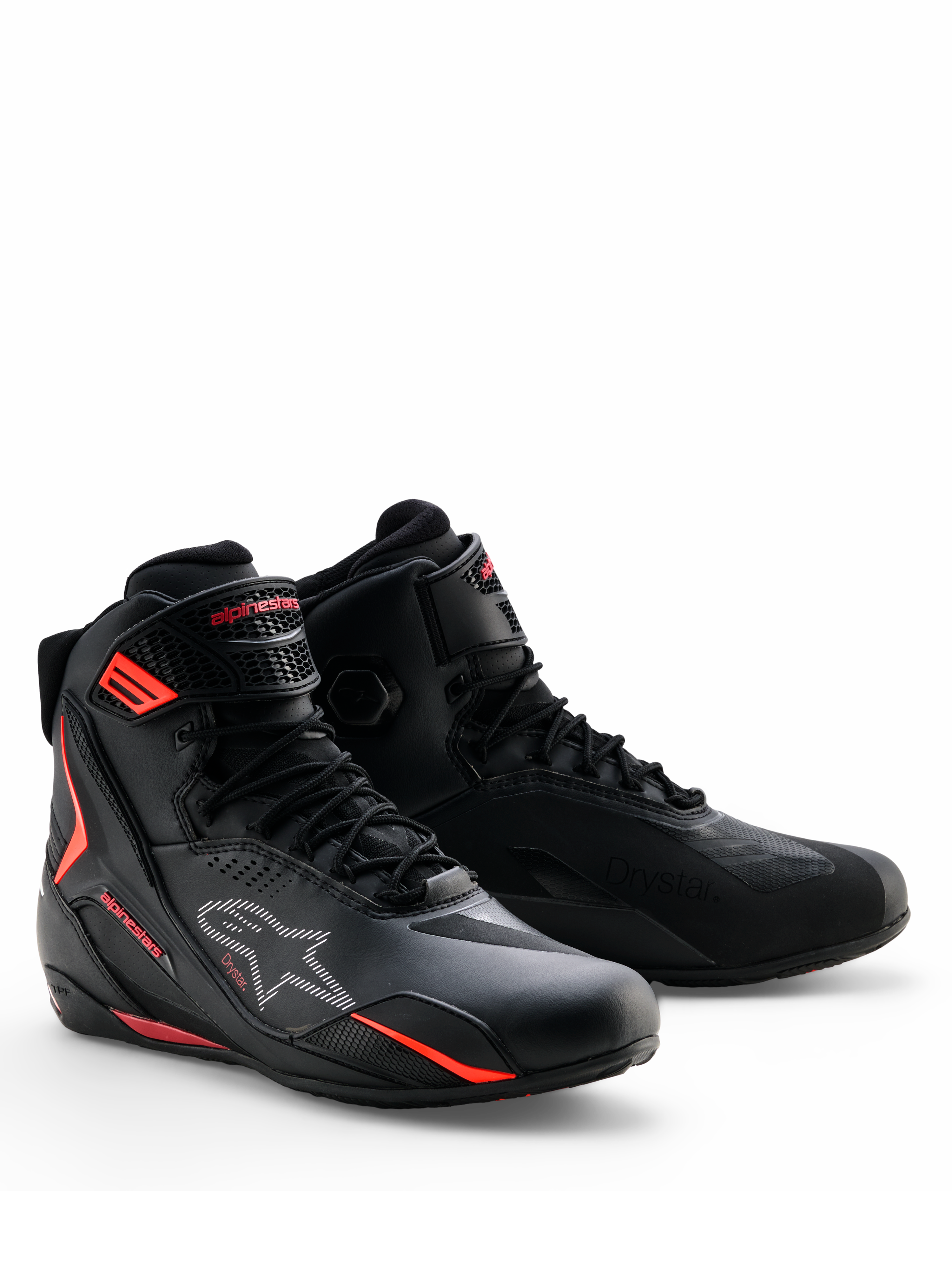 Alpinestars Faster-4 Drystar® Shoes, Motorcycle Riding Shoes, Black with Rio Red and Red Fluo accents, lace-up design with waterproof microfiber upper, sleek athletic profile for road and sport riding