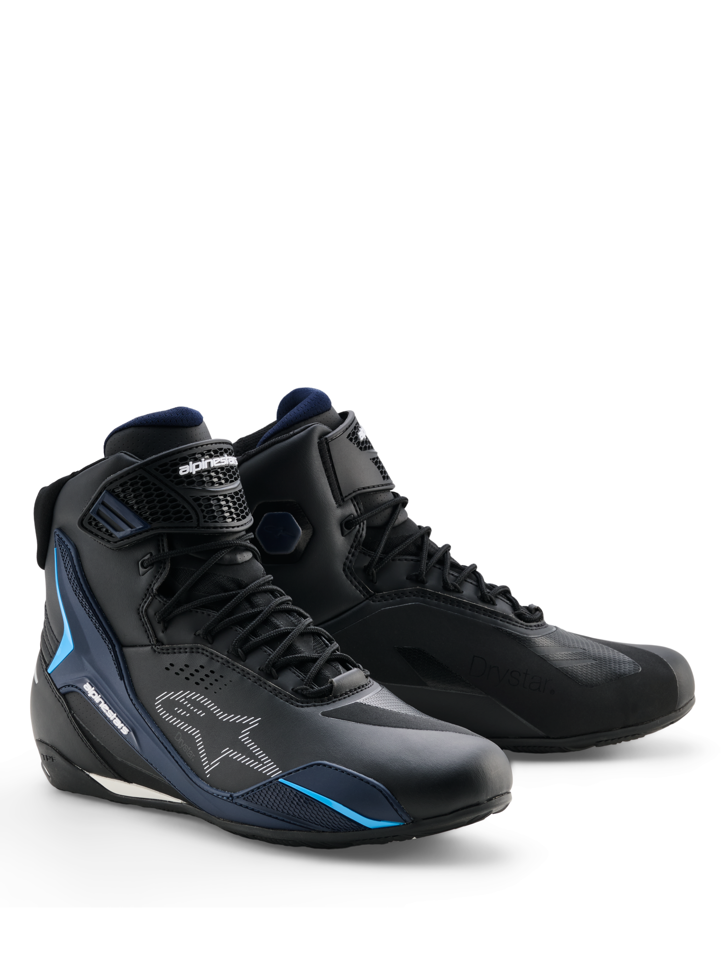 Chaussures Alpinestars Faster-4 Drystar®, chaussures de moto imperméables, Noir Night Navy Cyan, avec logos Alpinestars blancs et accents bleu cyan, design sportif avec fermeture à lacets et bride auto-agrippante