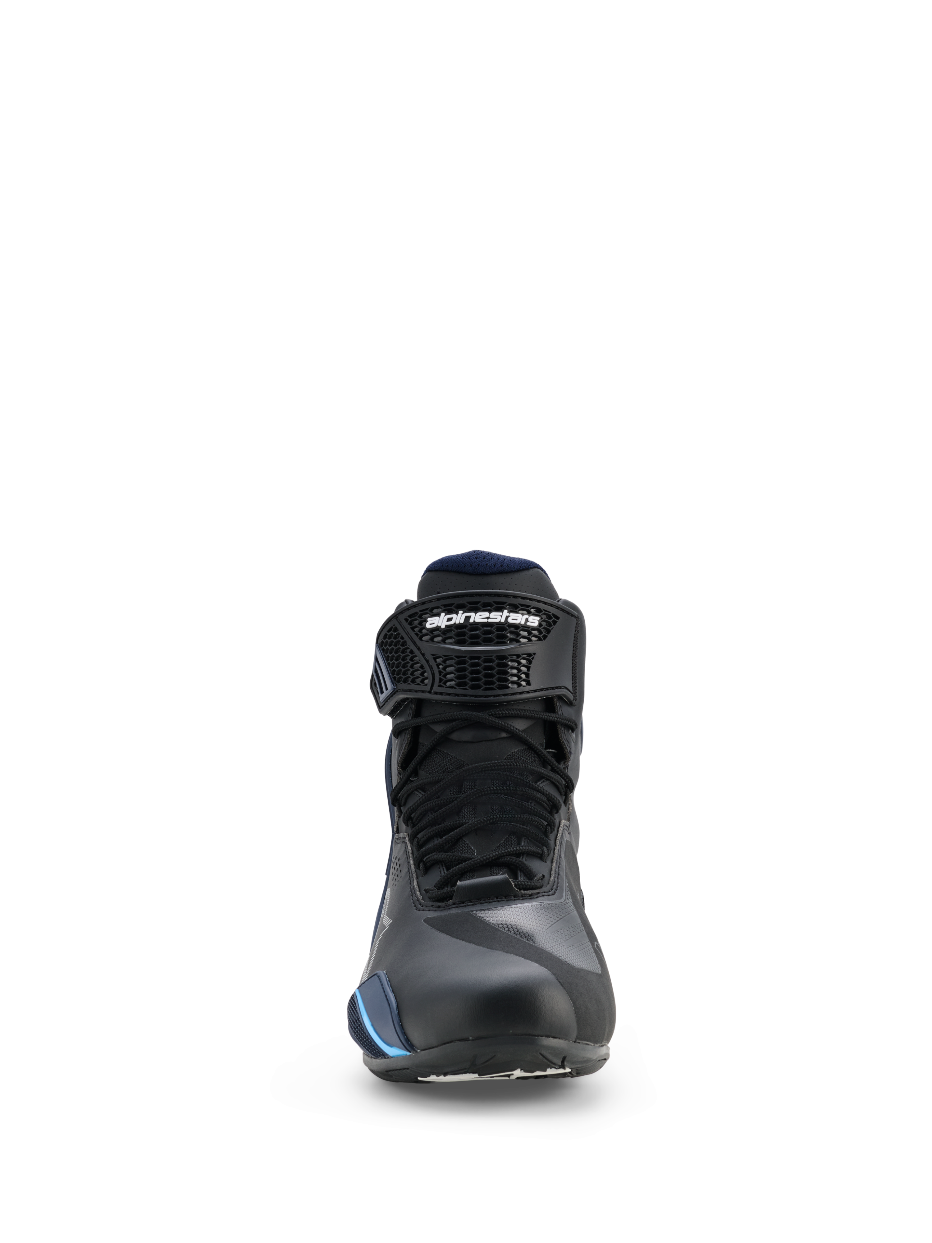 Chaussures Alpinestars Faster-4 Drystar®, chaussures de moto imperméables, Noir Nuit Marine Cyan, vue de face montrant les lacets et la sangle de cheville réglable avec logo Alpinestars, design sportif profilé