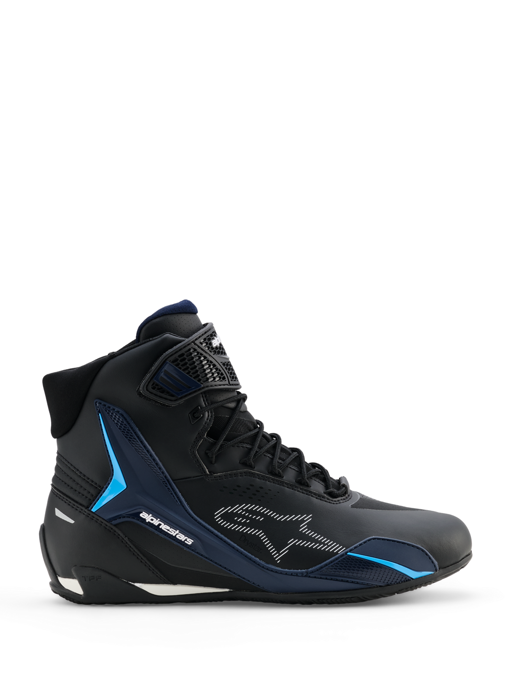 Alpinestars Faster-4 Drystar, chaussures de moto, Black Night Navy Cyan, vue latérale montrant le design de basket montante, panneaux de support en TPU cyan, logo Alpinestars blanc en pointillés, fermeture à lacets avec sangle de cheville texturée