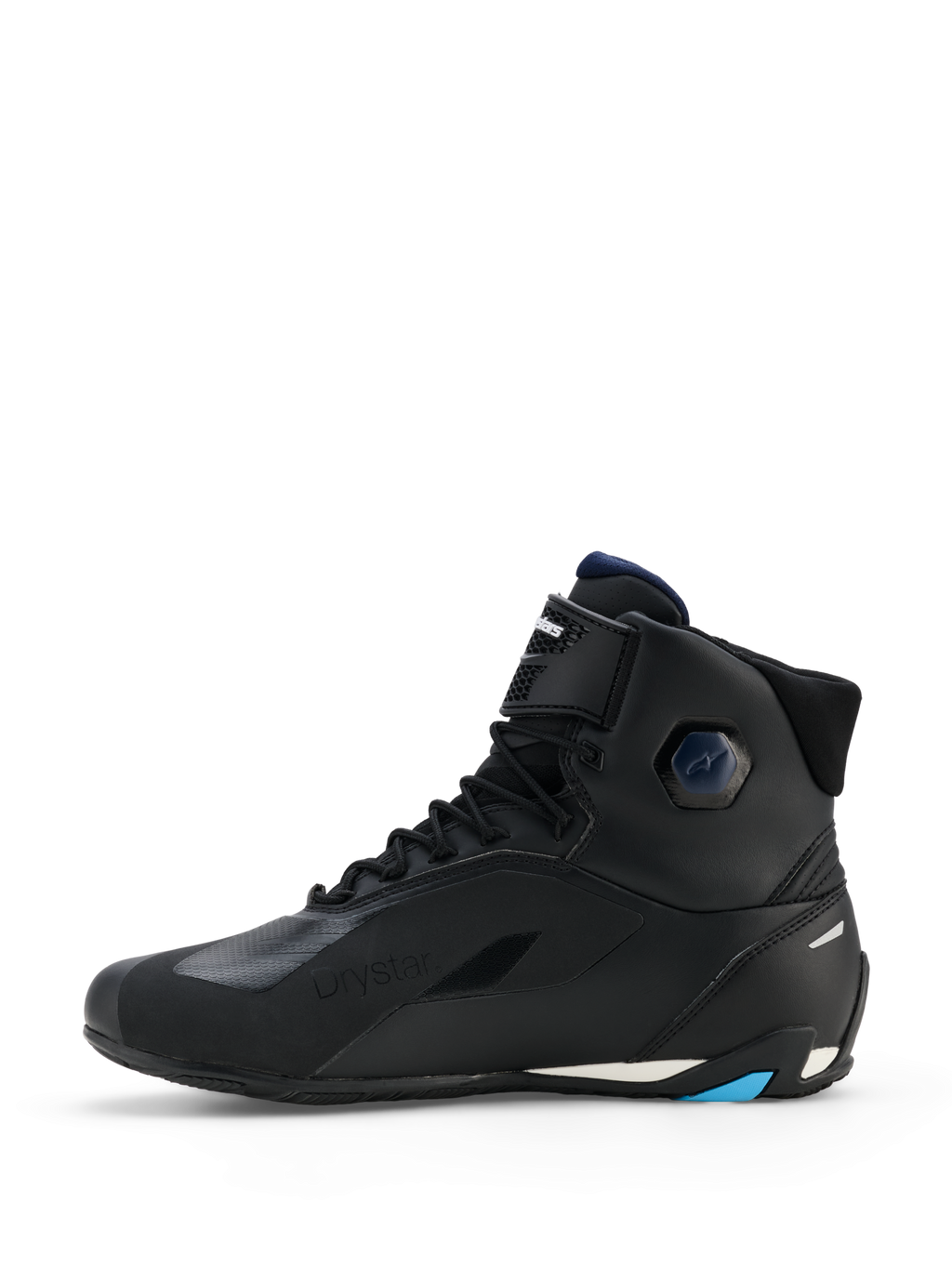 Chaussures Alpinestars Faster-4 Drystar®, noir avec accents bleu marine et cyan, vue de profil, chaussures de moto montantes avec fermeture à lacets, sangle de cheville à scratch et semelle renforcée protectrice