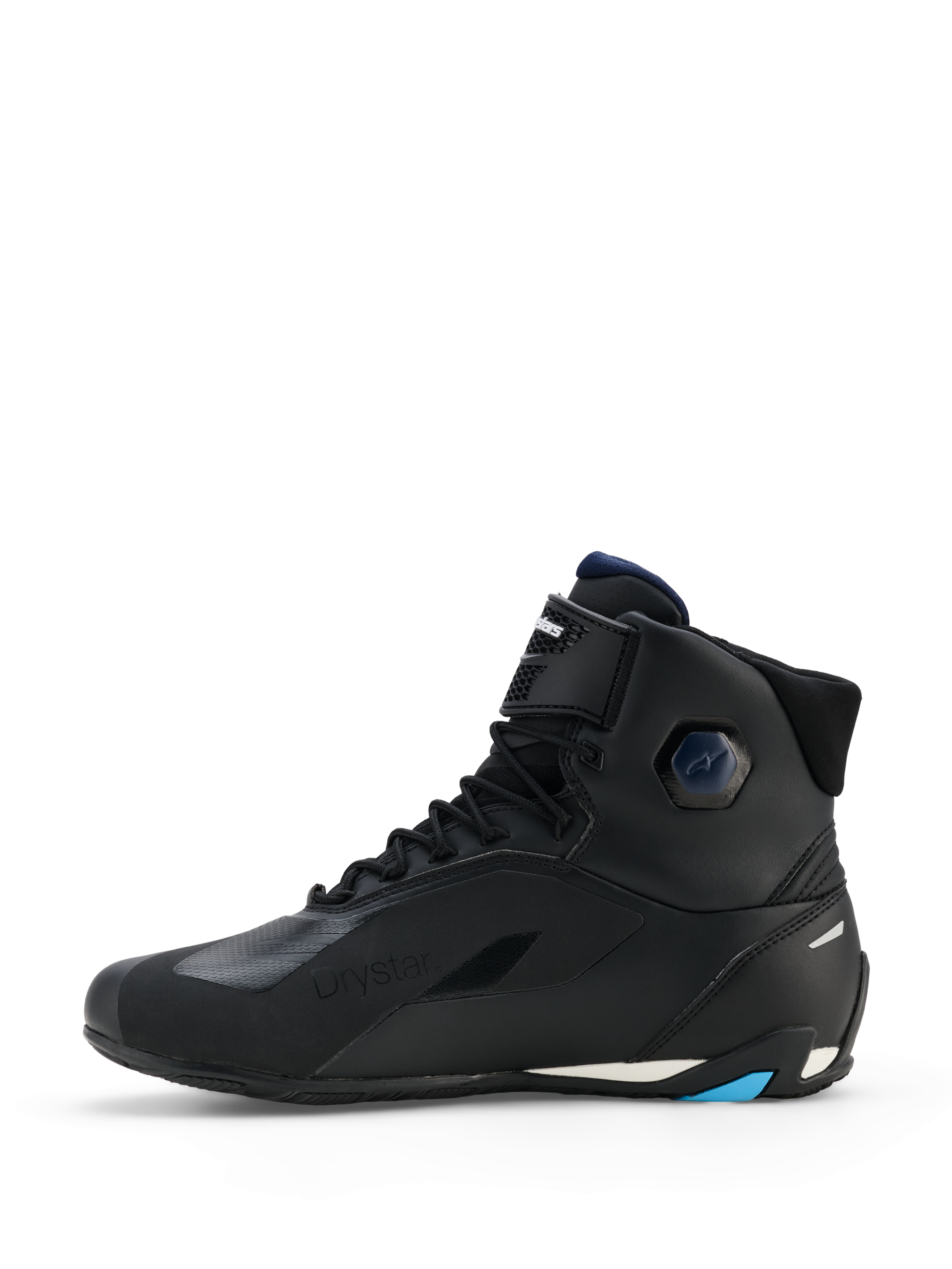 Chaussures Alpinestars Faster-4 Drystar®, noir avec accents bleu marine et cyan, vue de profil, chaussures de moto montantes avec fermeture à lacets, sangle de cheville à scratch et semelle renforcée protectrice