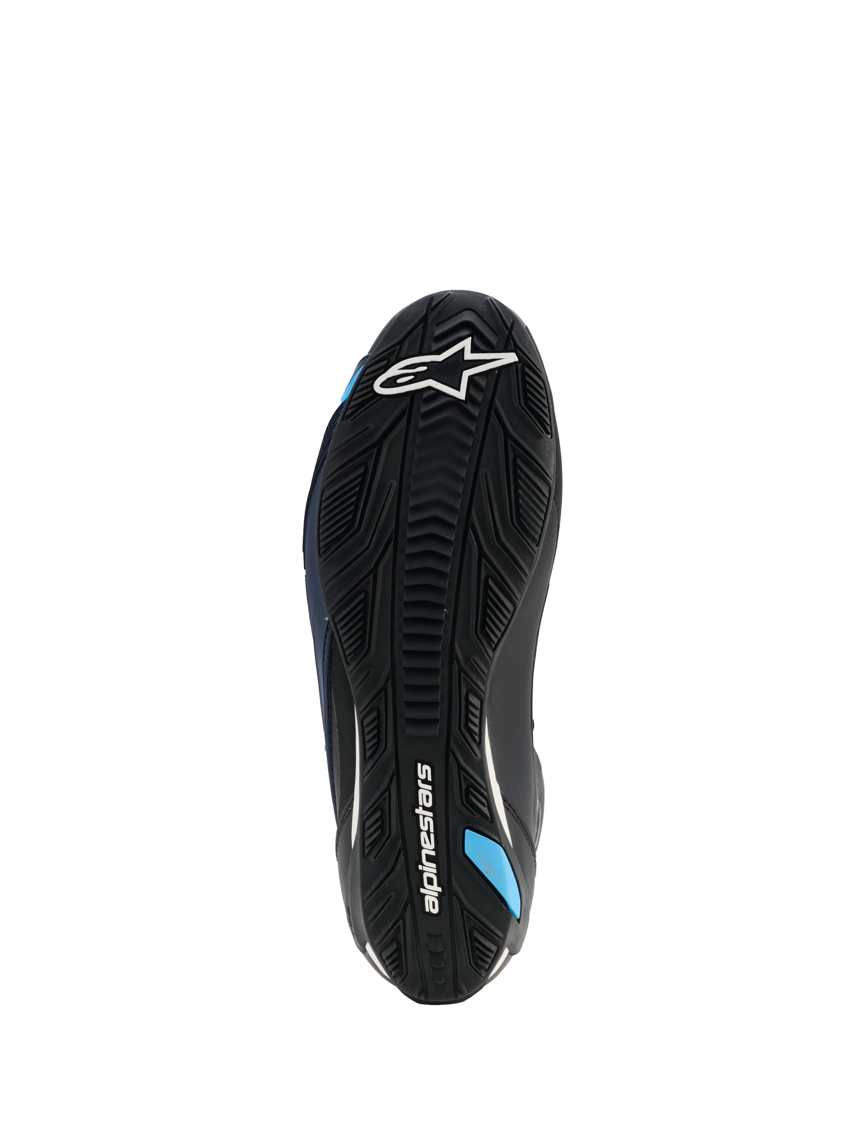 Chaussures Alpinestars Faster-4 Drystar®, vue de la semelle, Noir Night Navy Cyan, avec semelle extérieure en caoutchouc renforcé, adhérence texturée, logo Alpinestars blanc et accents bleu cyan, conçues pour la stabilité lors de la conduite de moto