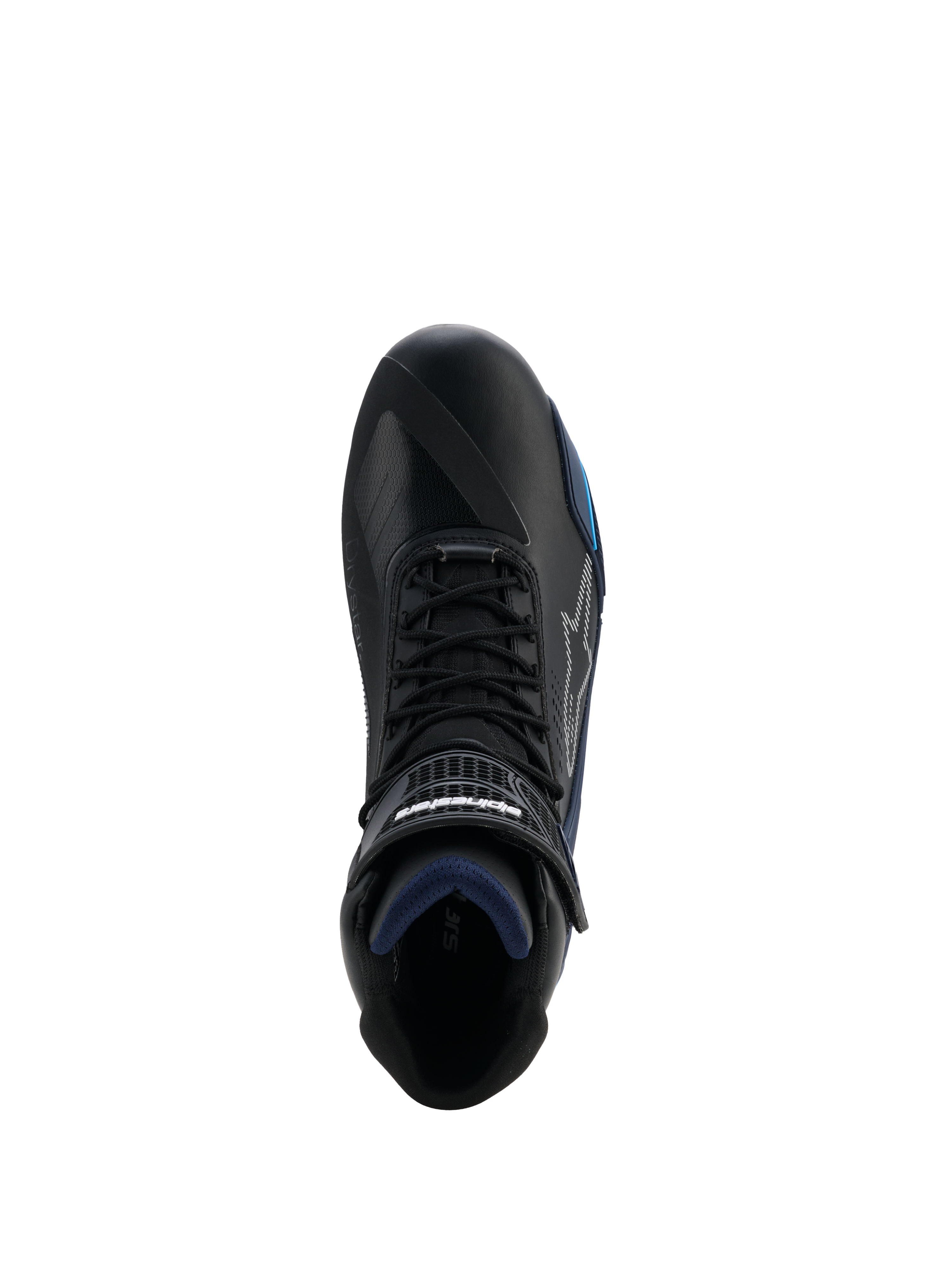 Chaussures Alpinestars Faster-4 Drystar®, vue de dessus d'une chaussure de moto noire avec accents Noir, Bleu Nuit et Cyan, fermeture à lacets avec sangle à crochet et boucle, construction en microfibre imperméable, chaussures de sport pour la conduite sur route