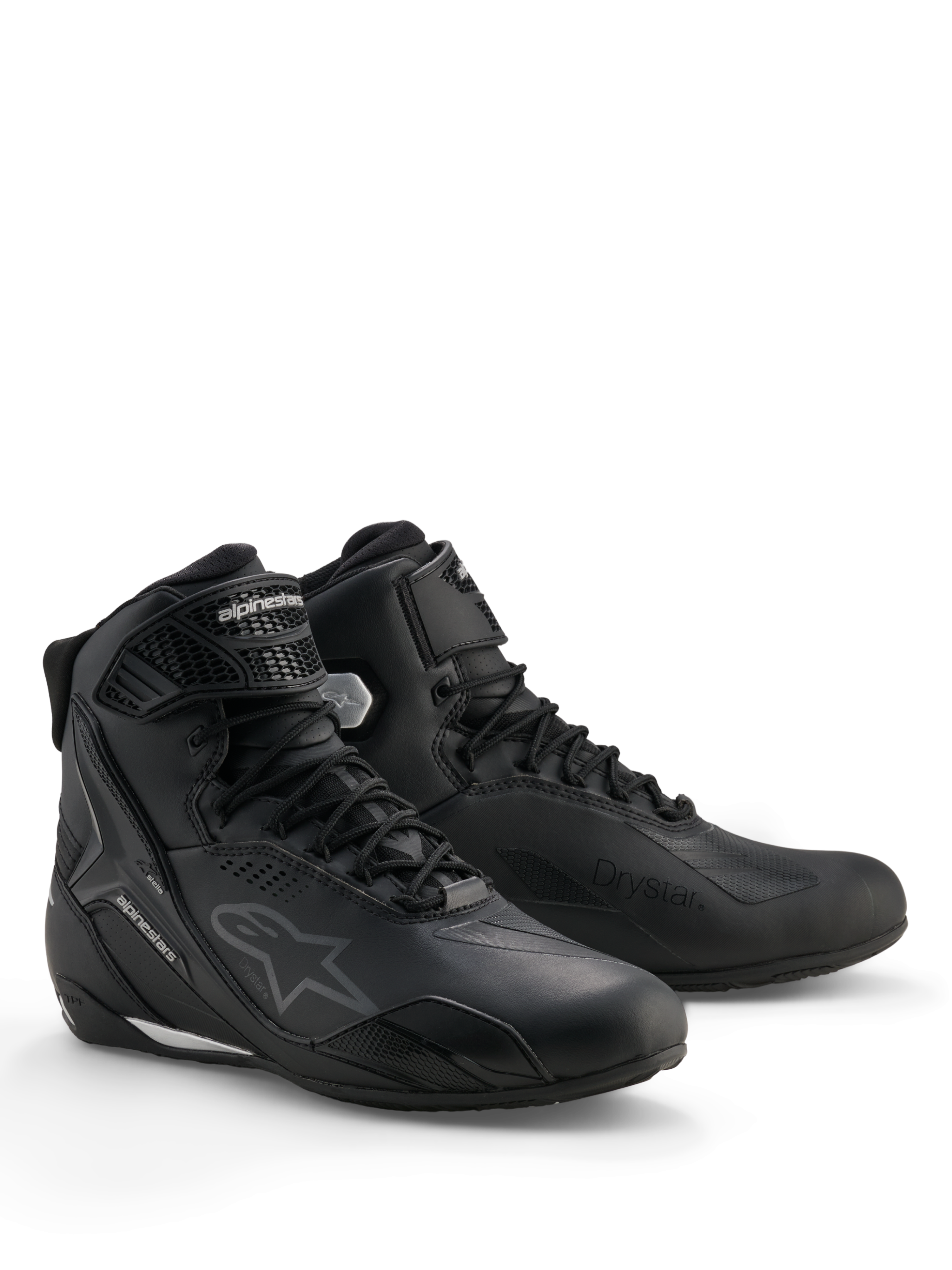 Chaussures Alpinestars Stella Faster-4 Drystar®, chaussures de moto imperméables pour femme, noir et argent, tige en microfibre avec fermeture à lacets et sangle de cheville, renforts protecteurs en TPU et logo Alpinestars.