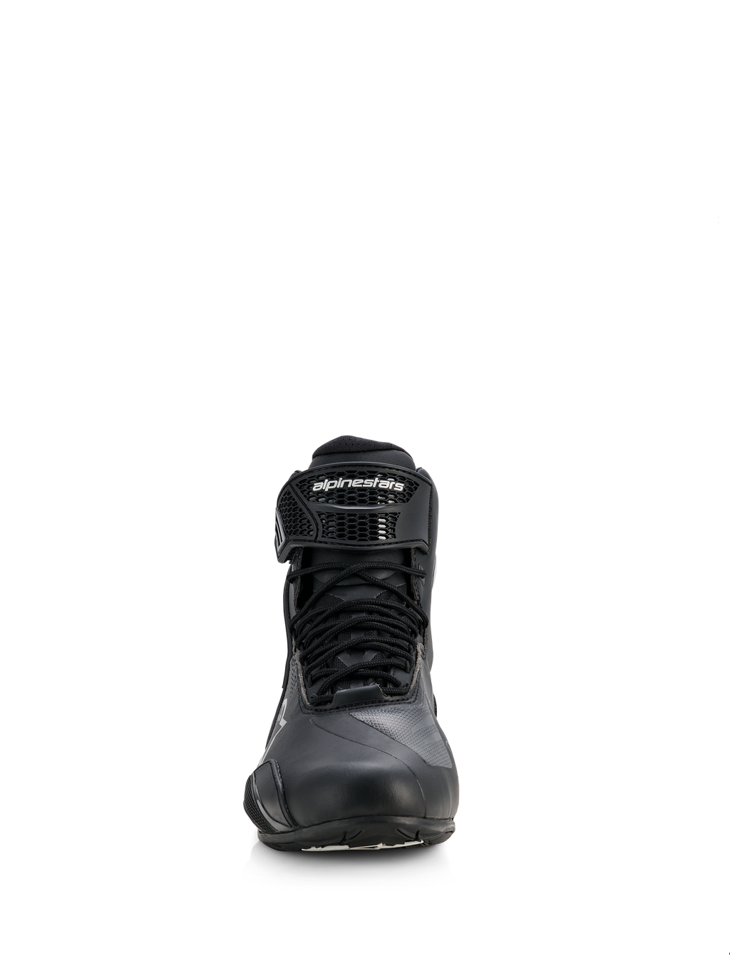 Chaussures Alpinestars Stella Faster-4 Drystar® pour femme, chaussures de moto, noir avec accents argentés, vue de face montrant la fermeture à lacets et la sangle de cheville auto-agrippante avec logo, design imperméable épuré pour la conduite sportive et sur route