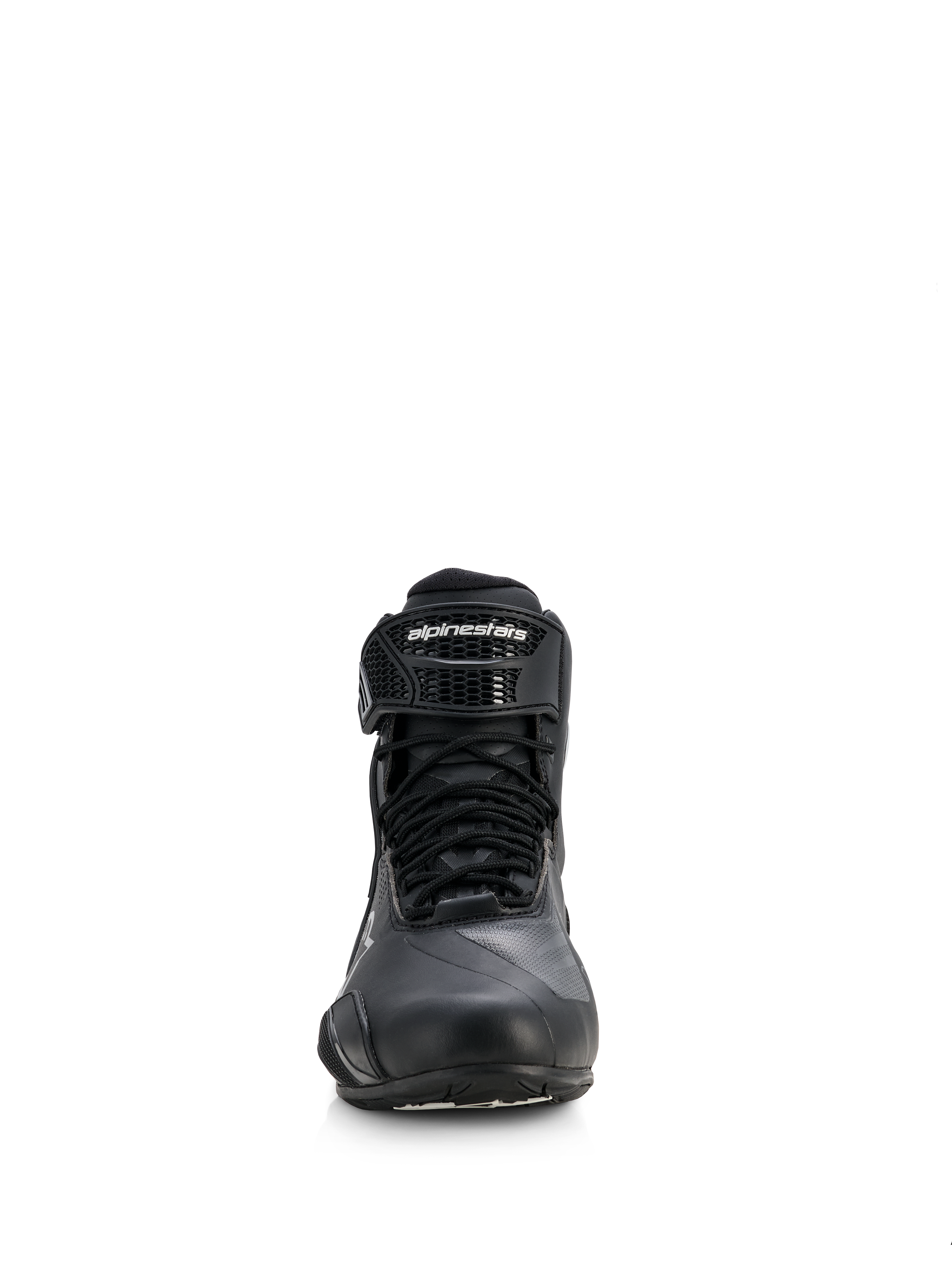 Chaussures Alpinestars Stella Faster-4 Drystar® pour femme, chaussures de moto, noir avec accents argentés, vue de face montrant la fermeture à lacets et la sangle de cheville auto-agrippante avec logo, design imperméable épuré pour la conduite sportive et sur route