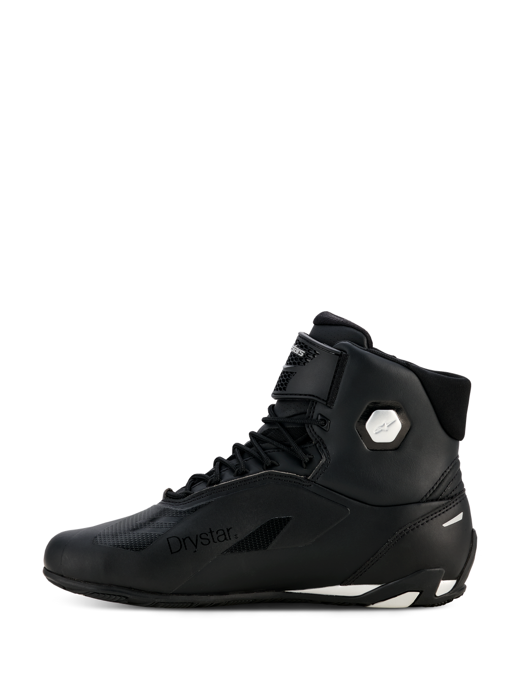 Chaussures Alpinestars Stella Faster-4 Drystar® pour femme, noir et argent, vue de profil, chaussures de moto imperméables avec tige en microfibre, fermeture à lacets et sangle auto-agrippante, logo Drystar et logo argenté à la cheville.