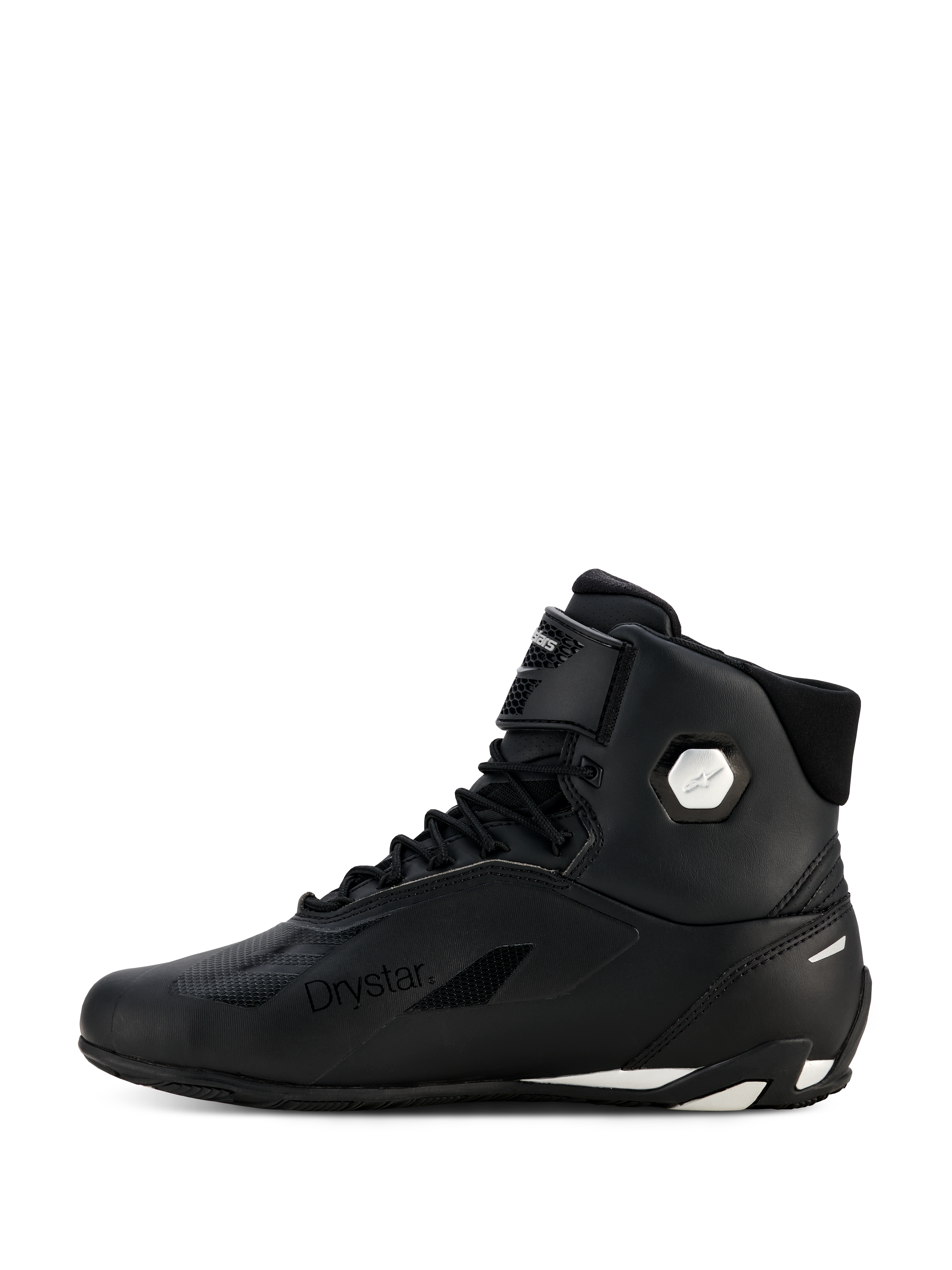 Chaussures Alpinestars Stella Faster-4 Drystar® pour femme, noir et argent, vue de profil, chaussures de moto imperméables avec tige en microfibre, fermeture à lacets et sangle auto-agrippante, logo Drystar et logo argenté à la cheville.