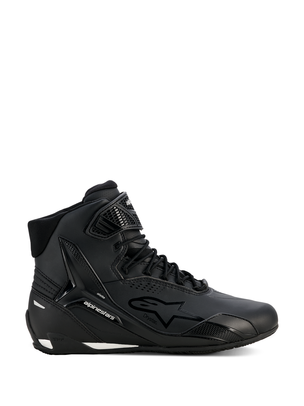 Alpinestars Stella Faster-4 Drystar, chaussures de moto pour femme, noir et argent, modèle montant, fermeture à lacets avec sangle de cheville à scratch, tige en microfibre sans couture, technologie imperméable, accents blancs sur la semelle et le talon