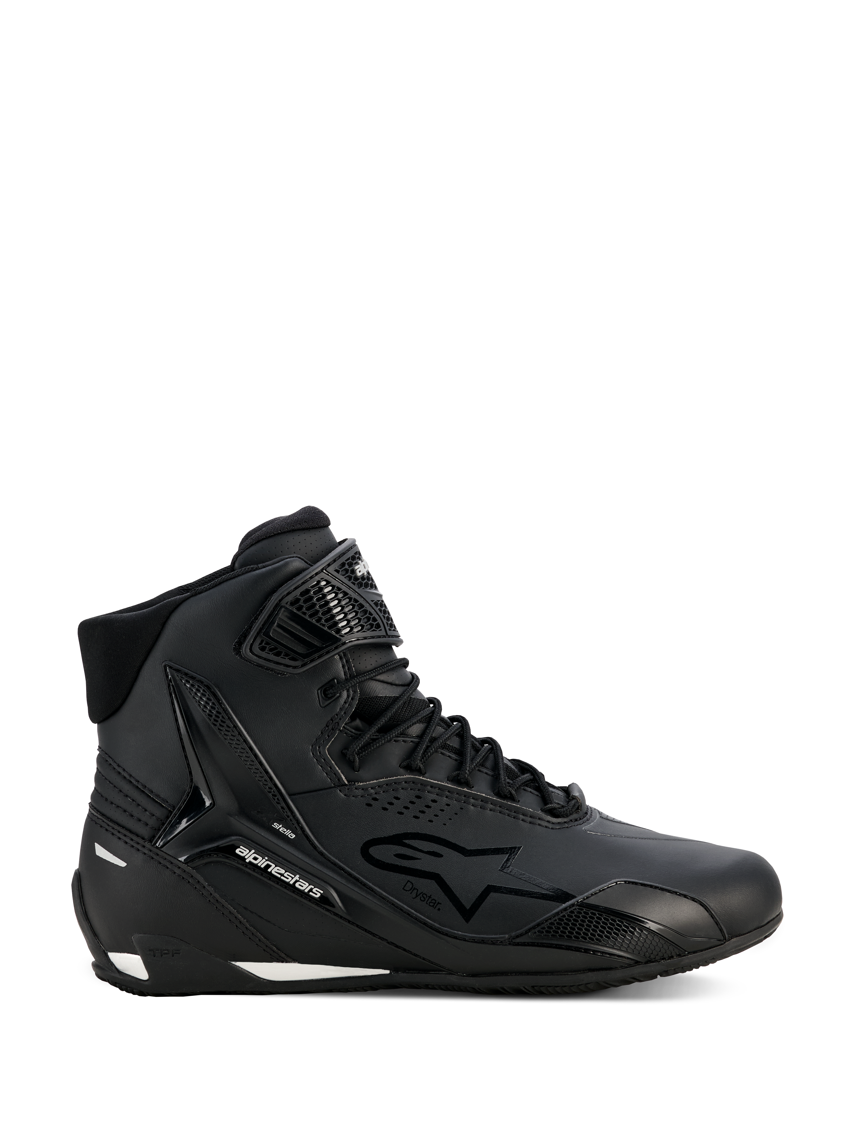 Alpinestars Stella Faster-4 Drystar, chaussures de moto pour femme, noir et argent, modèle montant, fermeture à lacets avec sangle de cheville à scratch, tige en microfibre sans couture, technologie imperméable, accents blancs sur la semelle et le talon