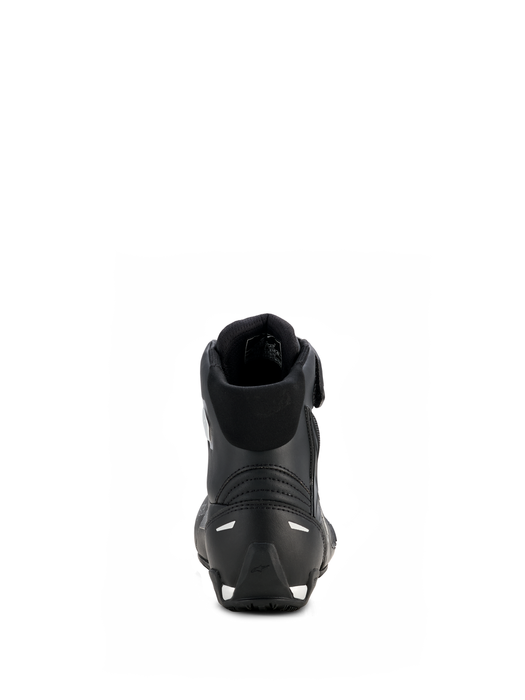 Chaussures Stella Faster-4 Drystar® d'Alpinestars pour femme, noir et argent, vue arrière montrant le talon renforcé avec des accents argentés, col rembourré et conception en microfibre imperméable