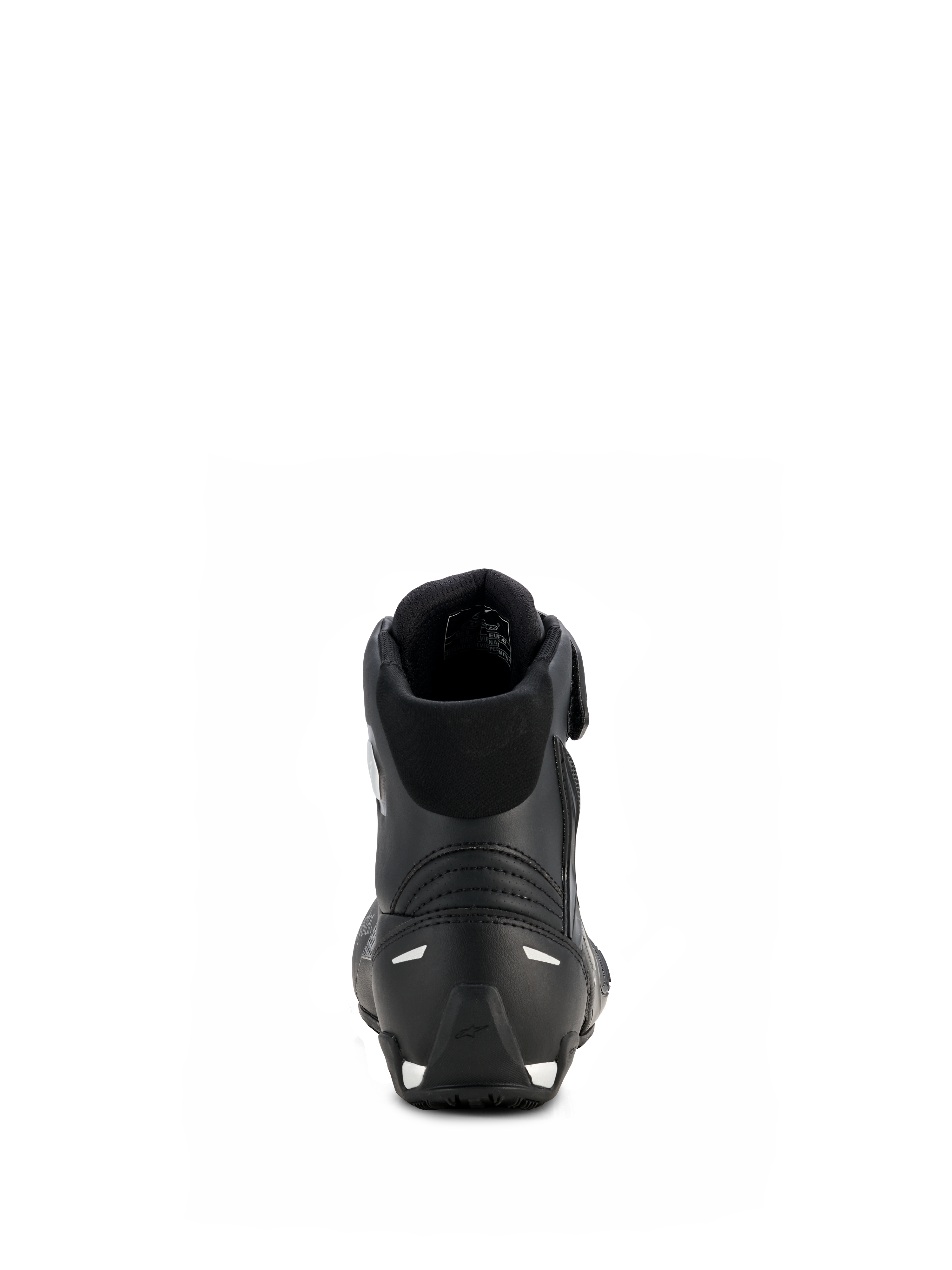 Chaussures Stella Faster-4 Drystar® d'Alpinestars pour femme, noir et argent, vue arrière montrant le talon renforcé avec des accents argentés, col rembourré et conception en microfibre imperméable