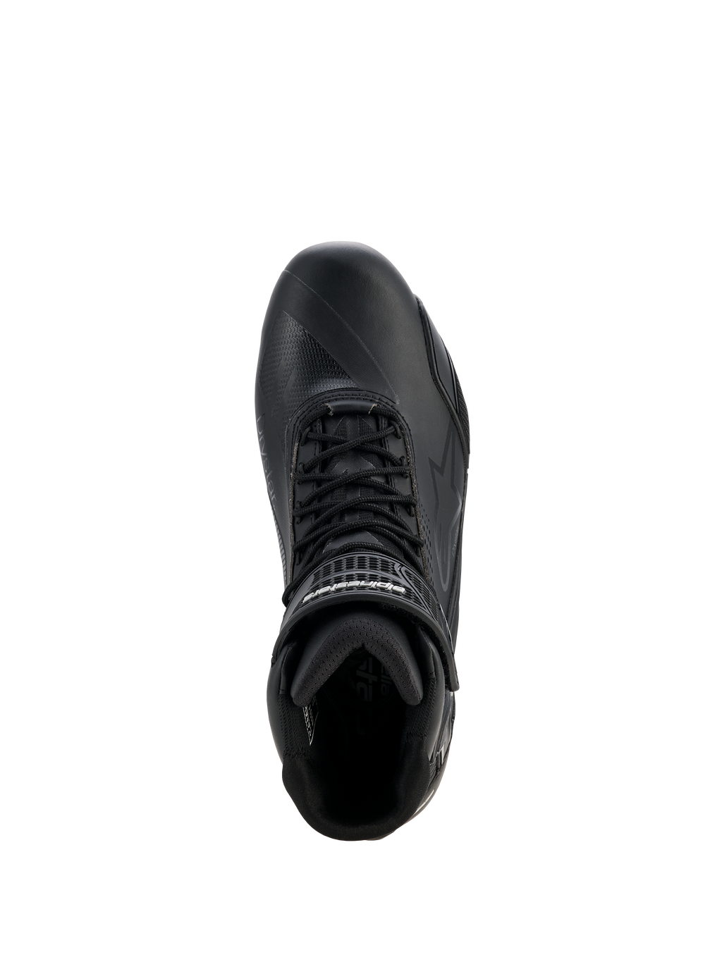 Chaussures Alpinestars Stella Faster-4 Drystar® pour femme, chaussures de moto pour femme, noir et argent, vue de dessus montrant la fermeture à lacets, la sangle velcro à la cheville et la construction en microfibre imperméable