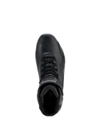 Chaussures Alpinestars Stella Faster-4 Drystar® pour femme, chaussures de moto pour femme, noir et argent, vue de dessus montrant la fermeture à lacets, la sangle velcro à la cheville et la construction en microfibre imperméable
