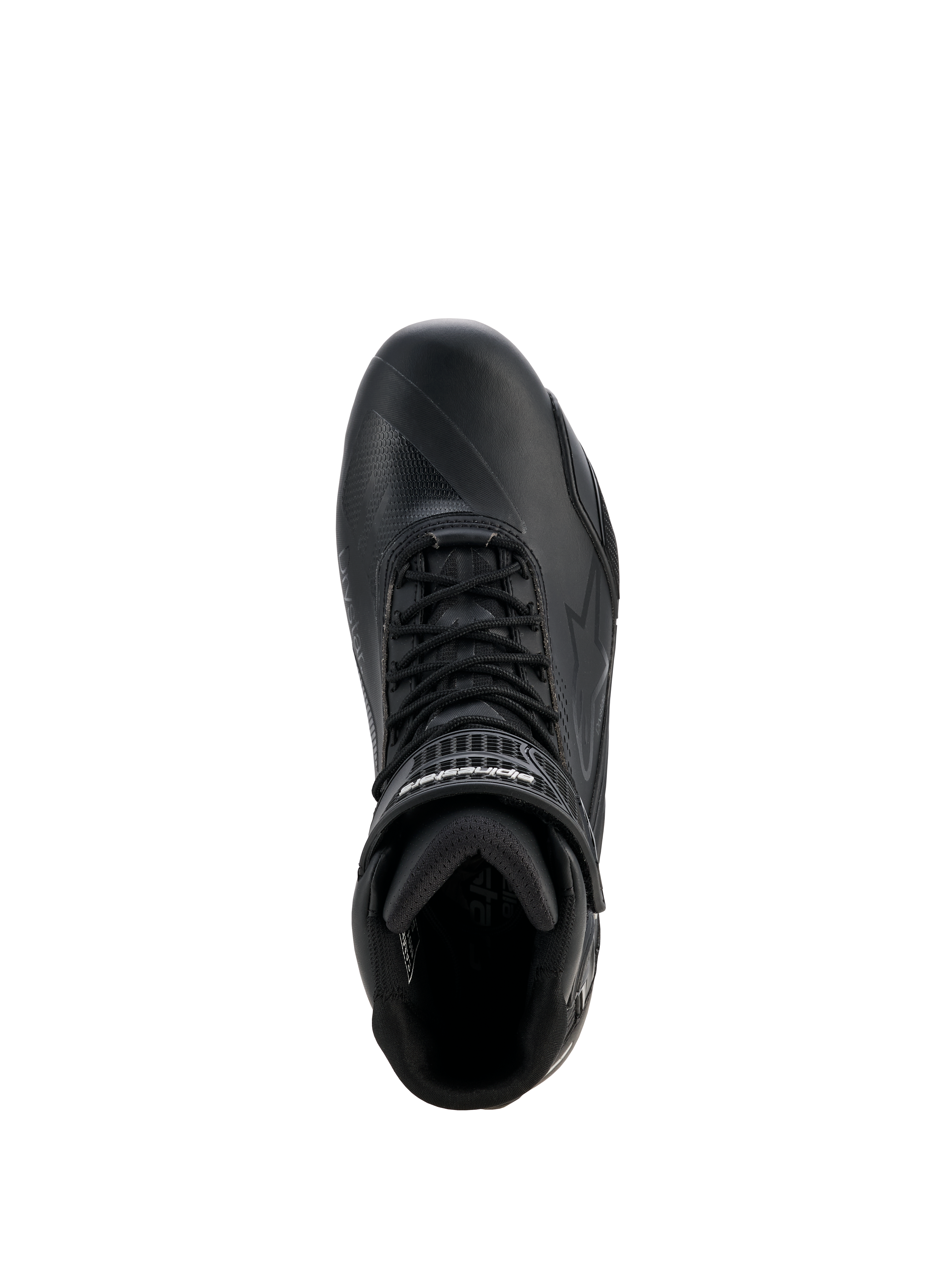 Chaussures Alpinestars Stella Faster-4 Drystar® pour femme, chaussures de moto pour femme, noir et argent, vue de dessus montrant la fermeture à lacets, la sangle velcro à la cheville et la construction en microfibre imperméable