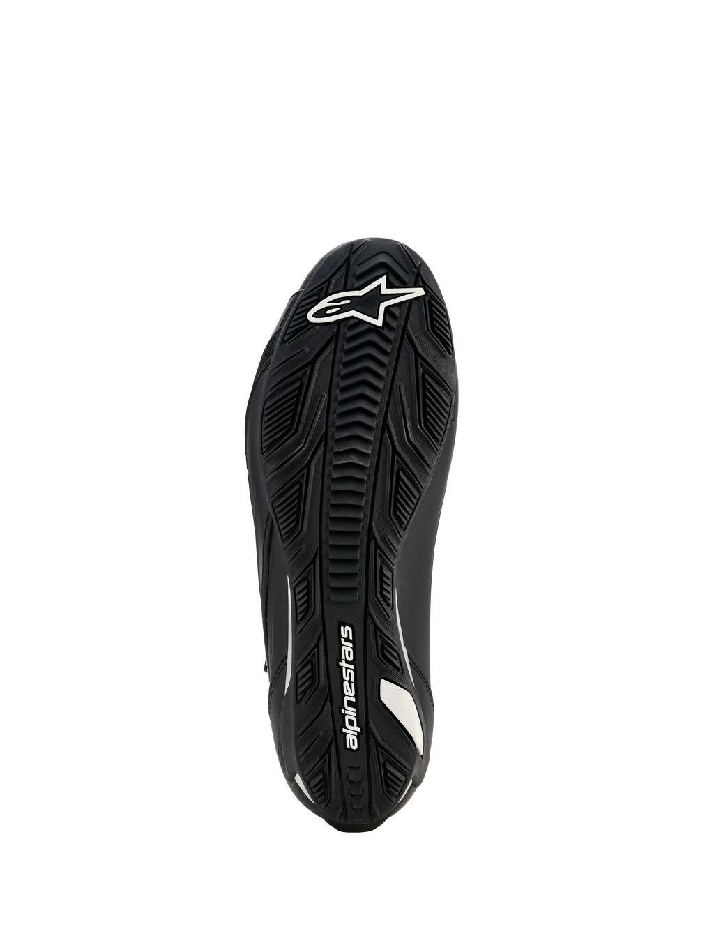 Chaussures de moto Alpinestars Stella Faster-4 Drystar pour femme, noires, vue de la semelle montrant une semelle extérieure en caoutchouc texturé avec logo et marquage Alpinestars blancs, conçue pour une adhérence et une durabilité supérieures.