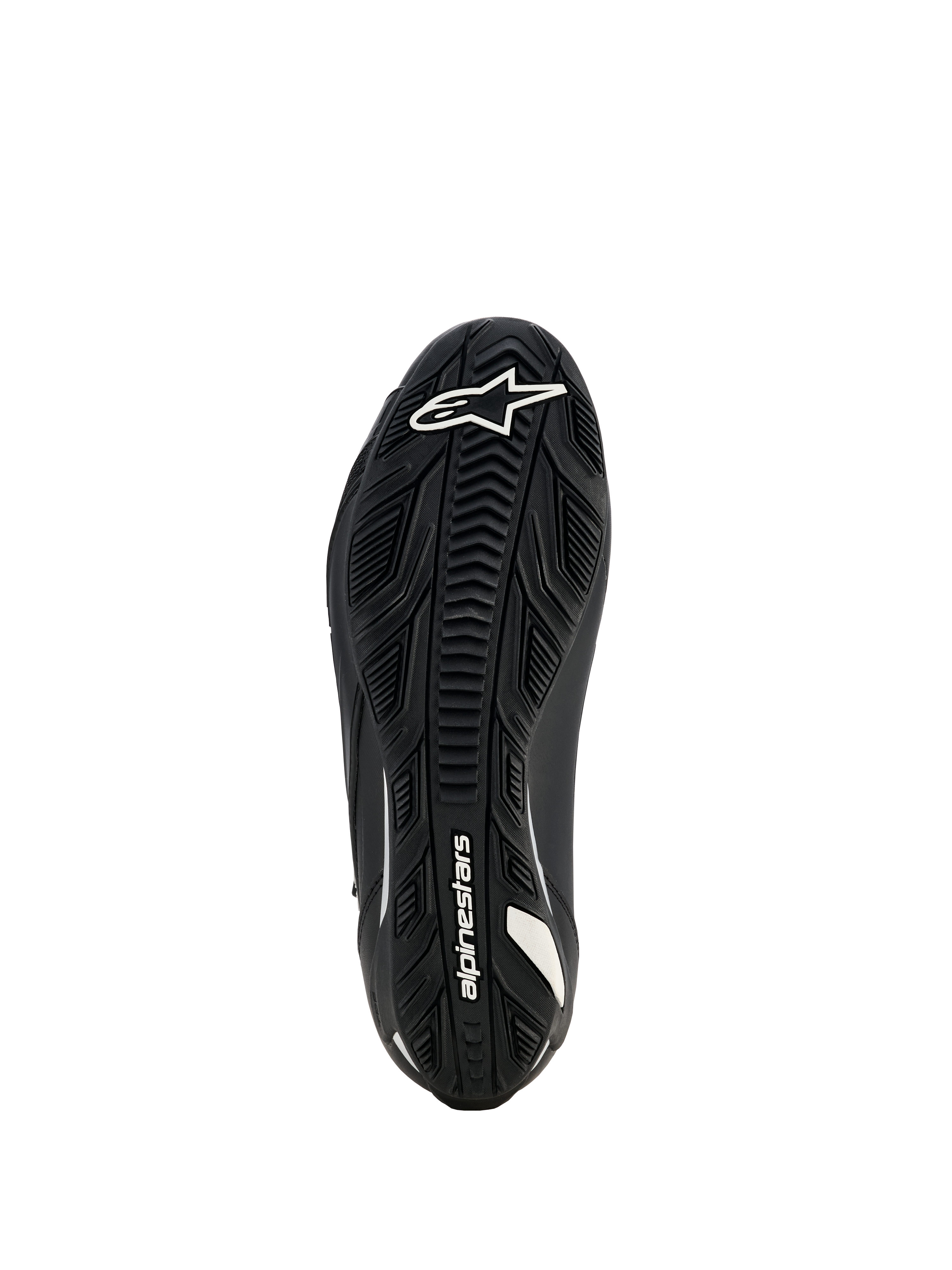 Chaussures de moto Alpinestars Stella Faster-4 Drystar pour femme, noires, vue de la semelle montrant une semelle extérieure en caoutchouc texturé avec logo et marquage Alpinestars blancs, conçue pour une adhérence et une durabilité supérieures.