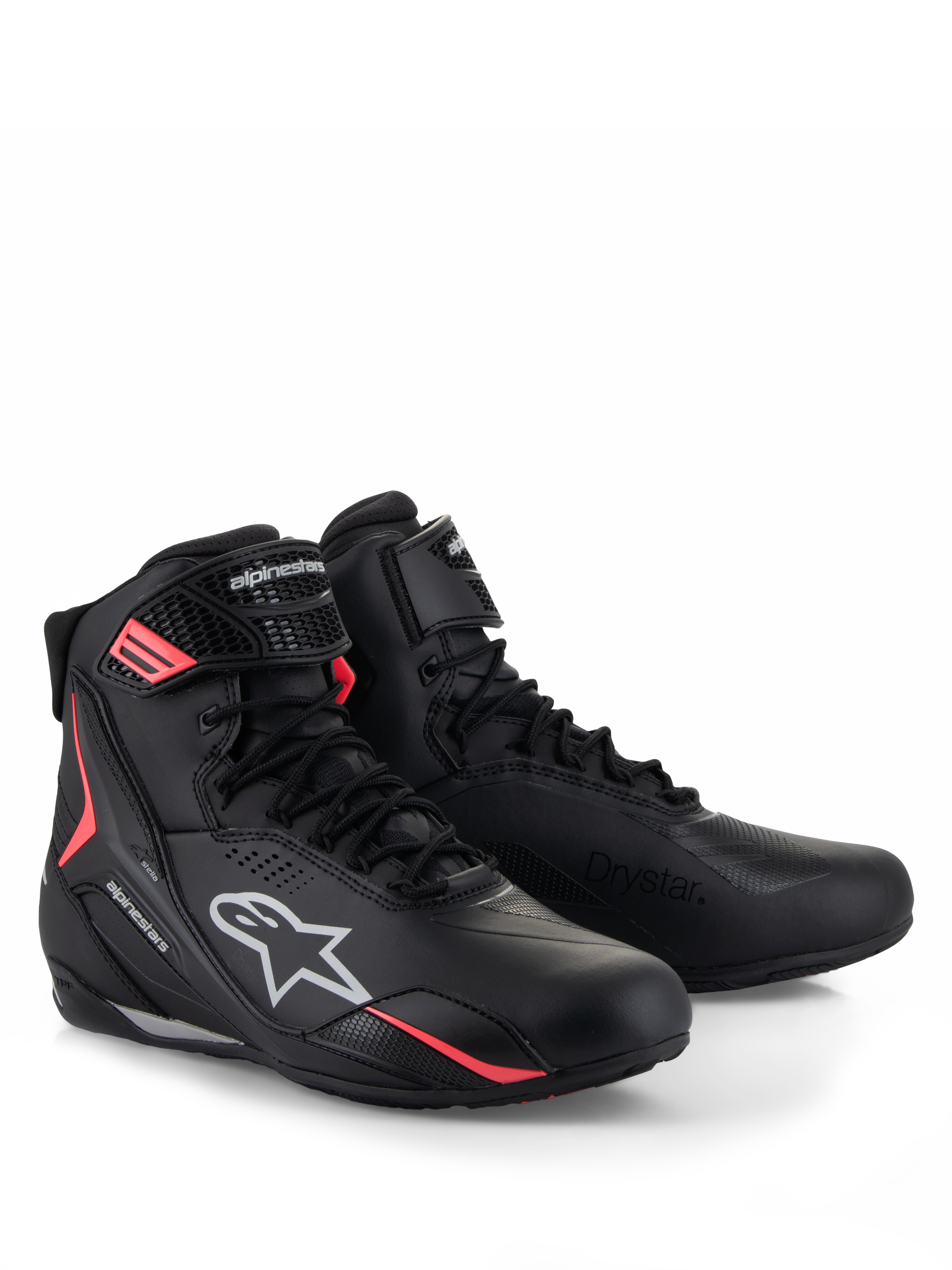 Chaussures Alpinestars Stella Faster-4 Drystar®, chaussures de moto pour femme, noir, gris et corail fluo, technologie imperméable Drystar®, fermeture à lacets et sangle auto-agrippante, accents corail vif et logos Alpinestars blancs
