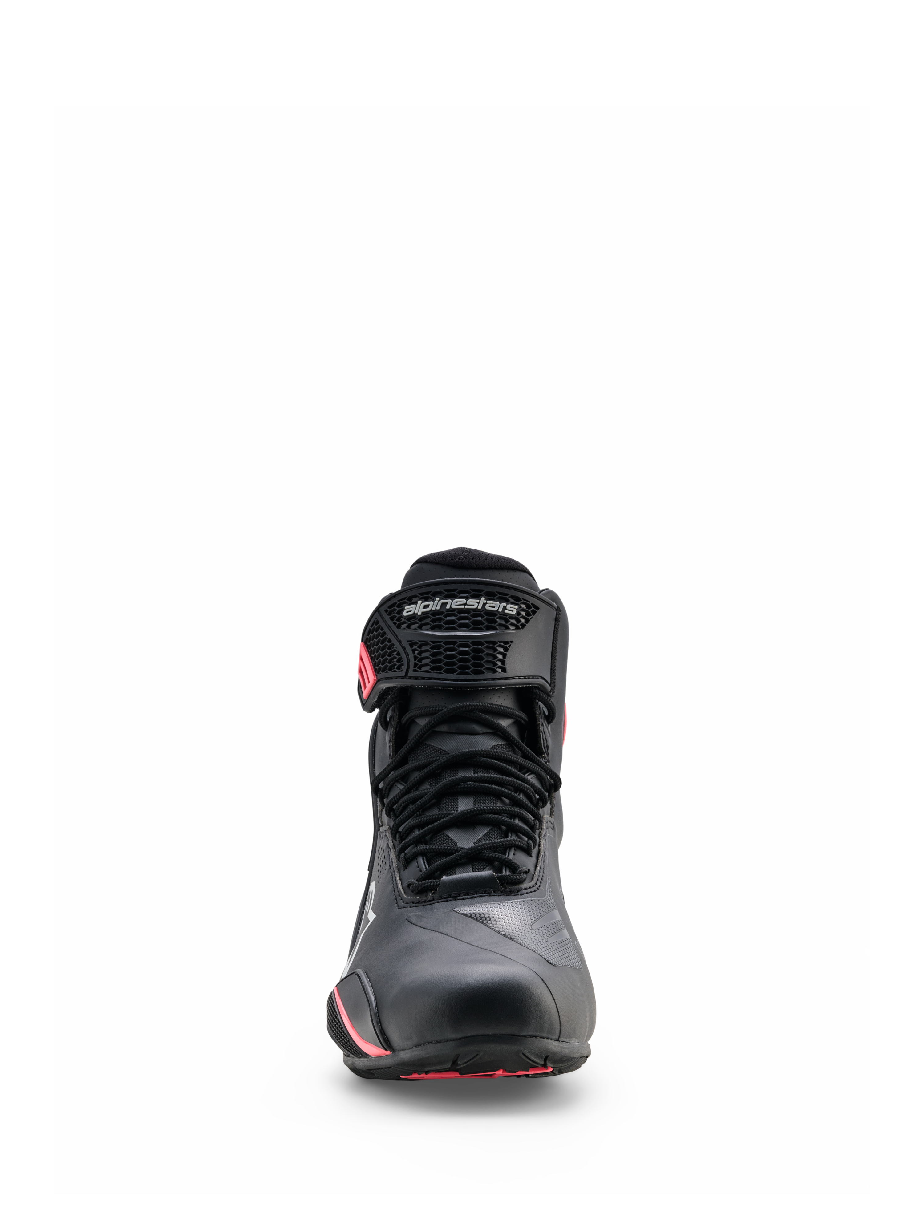 Chaussures Alpinestars Stella Faster-4 Drystar®, chaussures de moto pour femme, noir, gris et corail fluo, vue de face avec fermeture à lacets, sangle de cheville protectrice avec logo et accents corail