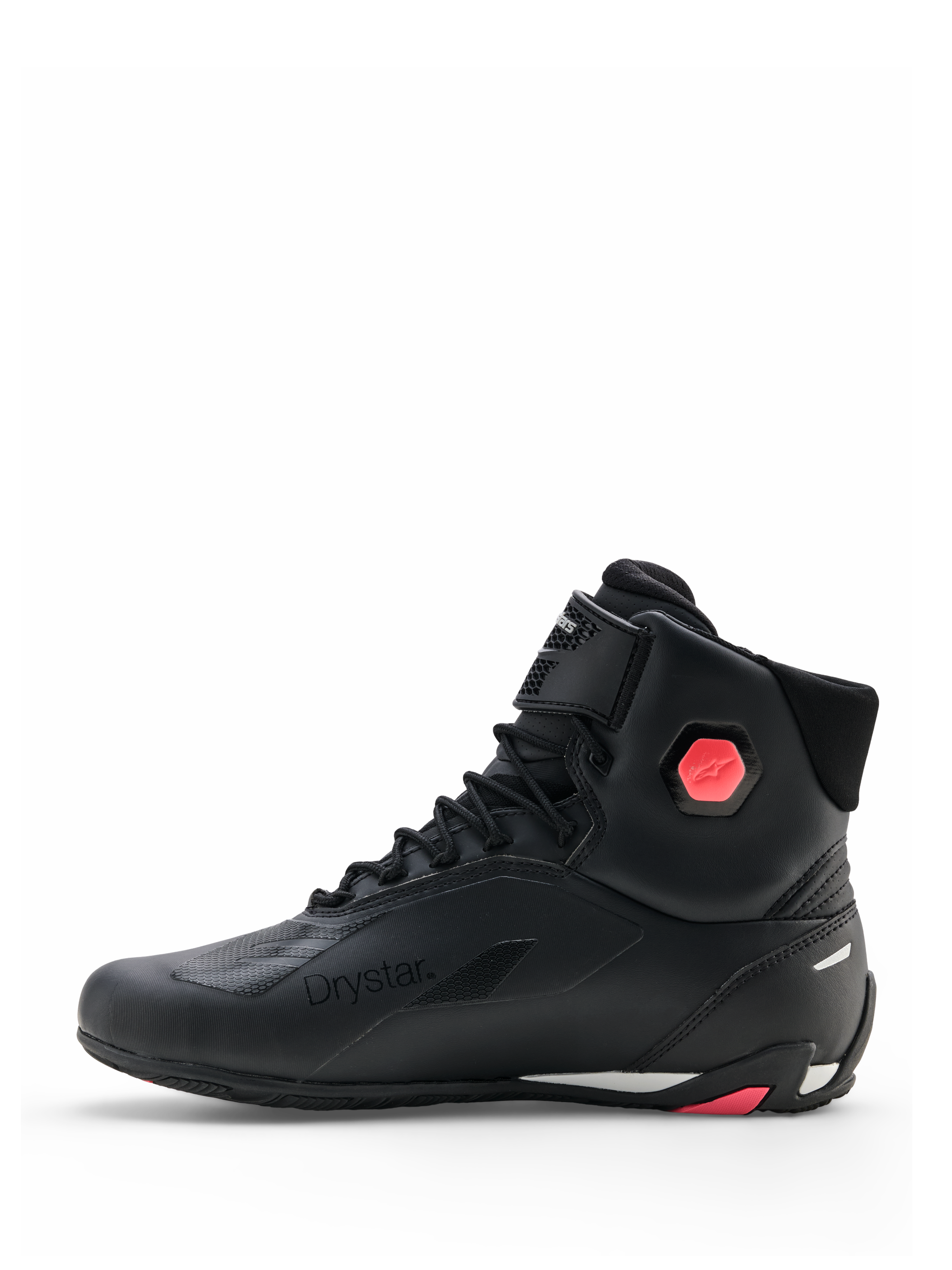 Chaussures Alpinestars Stella Faster-4 Drystar®, chaussures de moto pour femme, noir et corail fluo, vue de profil montrant la tige en microfibre sans couture, la fermeture à lacets et le détail de protection corail à la cheville